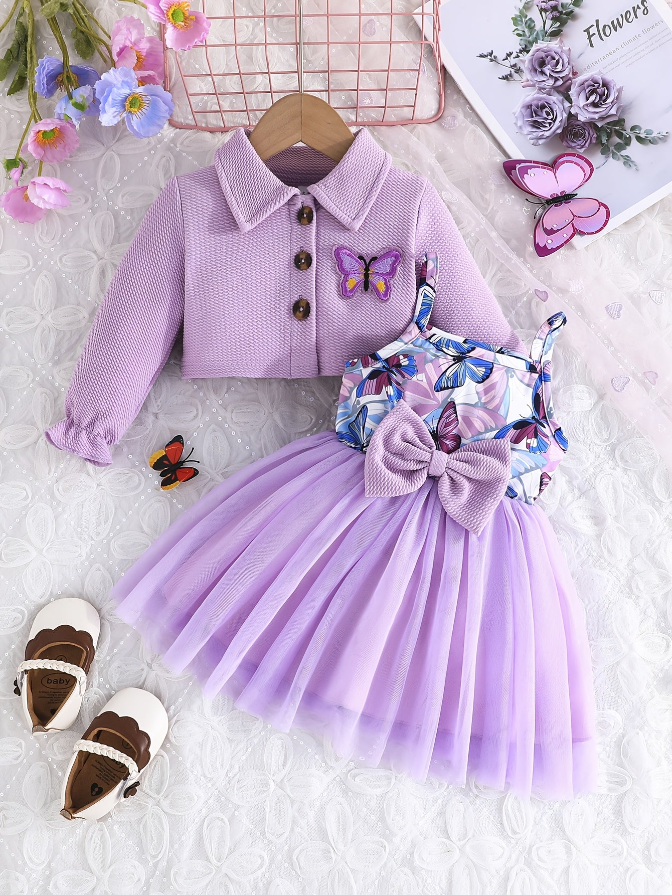 2pcs Toddler Girl Butterfly Outfit: Bee Sleeveless Suspenders Dress & Long Sleeve Cardigan, Spring/Fall Set for Playdate, Photos (0-3 Years), Perfect for Outdoor
