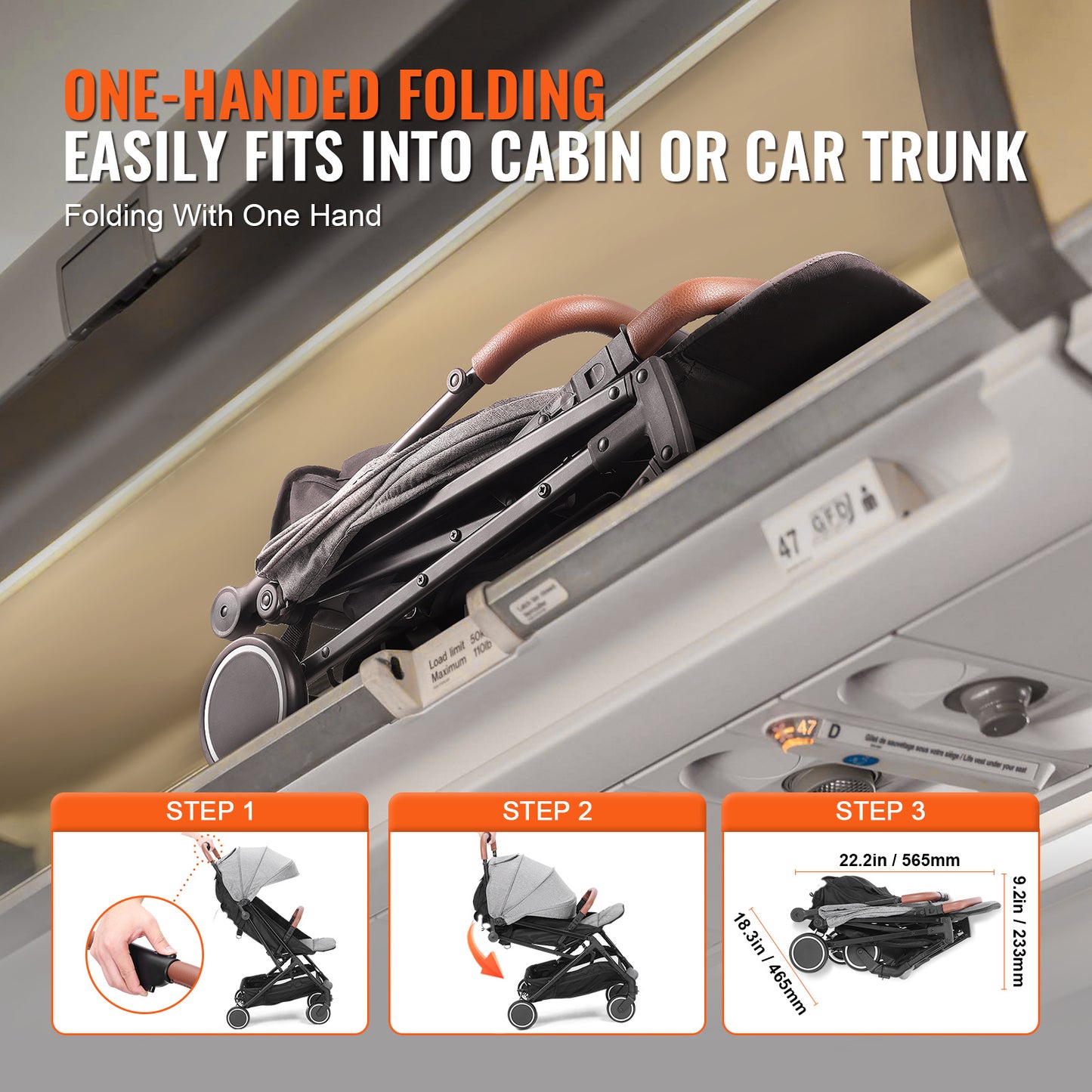 VEvor Dark Grey Standard Stroller - Adjustable Backrest & Footrest, One-Click Fold, Cup Holder - Carry Bag Included