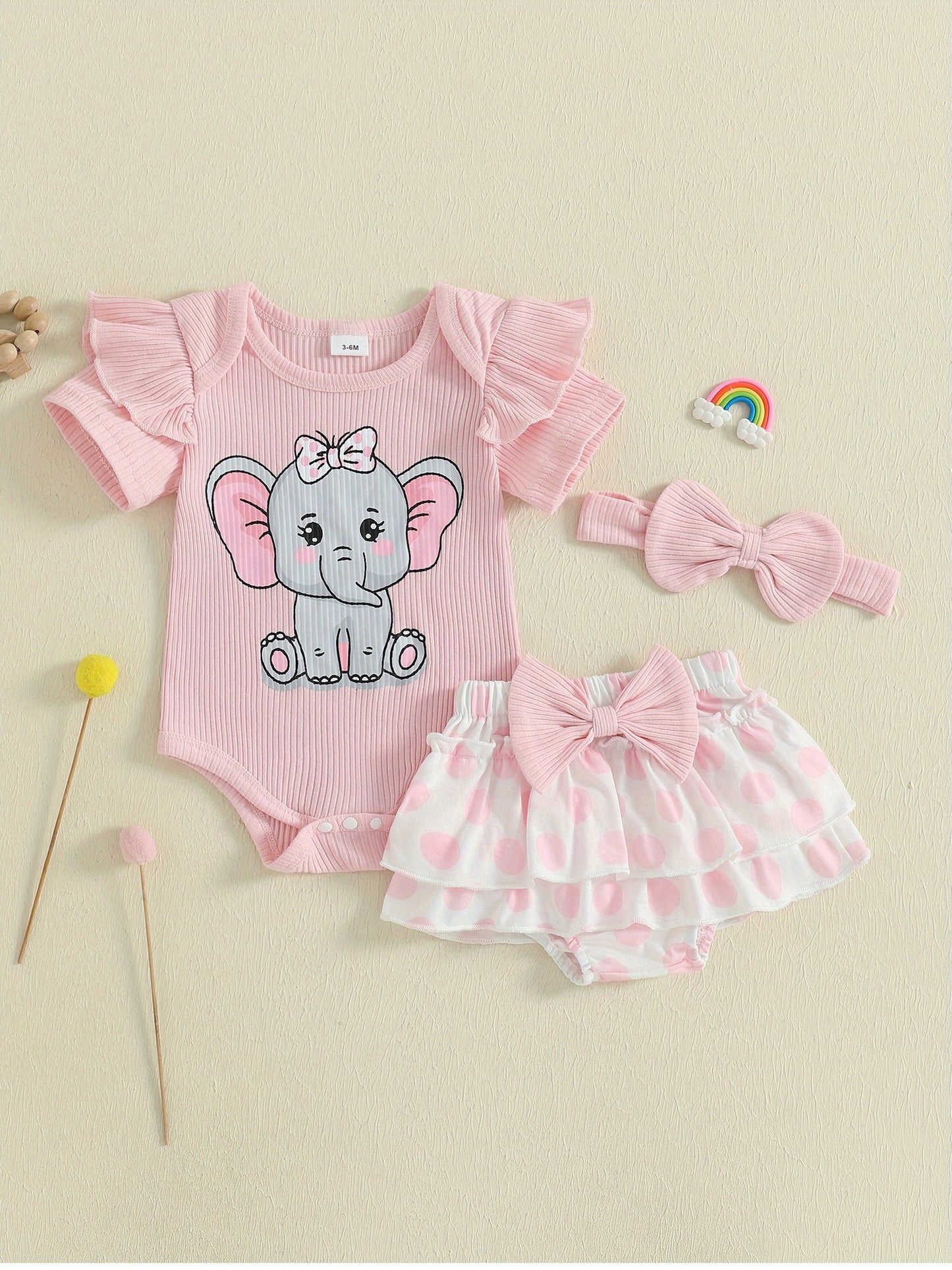Baby Girls Summer Outfit Set Elephant Print Romper With Ruffle Shorts And Headband 3pc