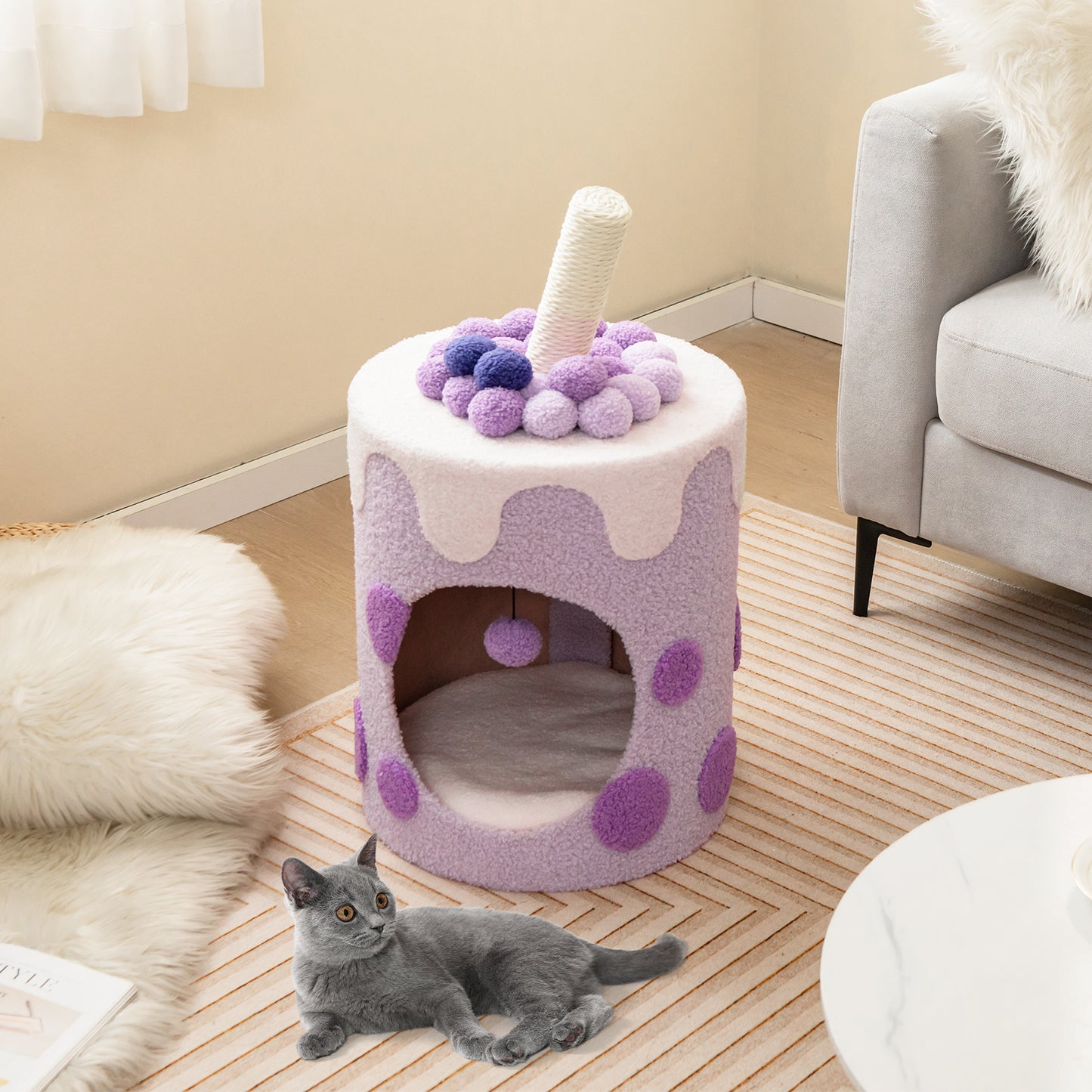 SAFSTAR Bubble Tea Cat Tree Tower with Scratching Post and Dangling Ball Toy for Cats