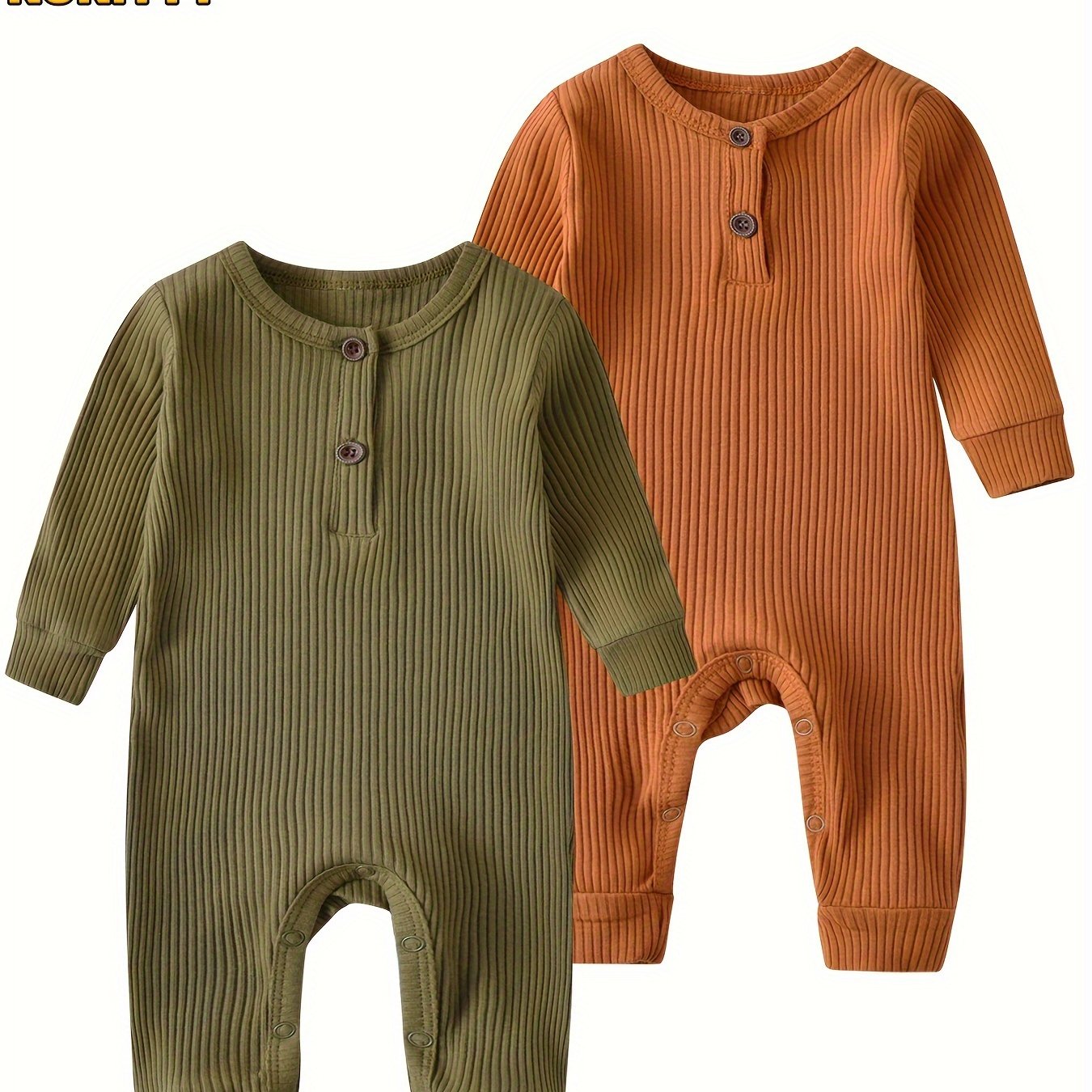 KuKitty Baby Boy Girl 2 Pcs Long Sleeve Solid Color Ribbed Romper Jumpsuit Outfits Clothes