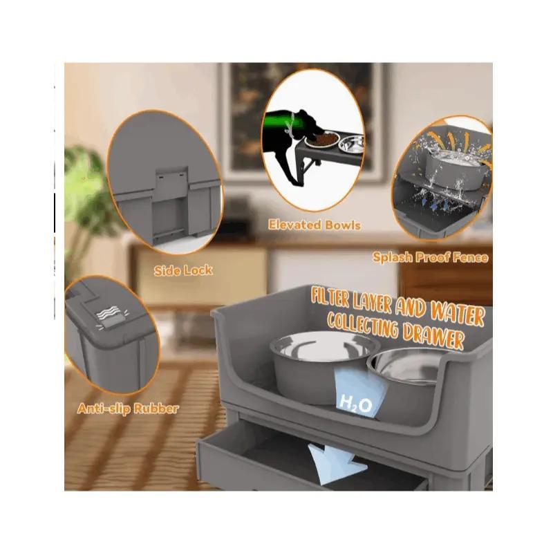 Elevated Dog Bowl Stand Set with Stainless Steel Bowls and Mess Proof Design in Grey