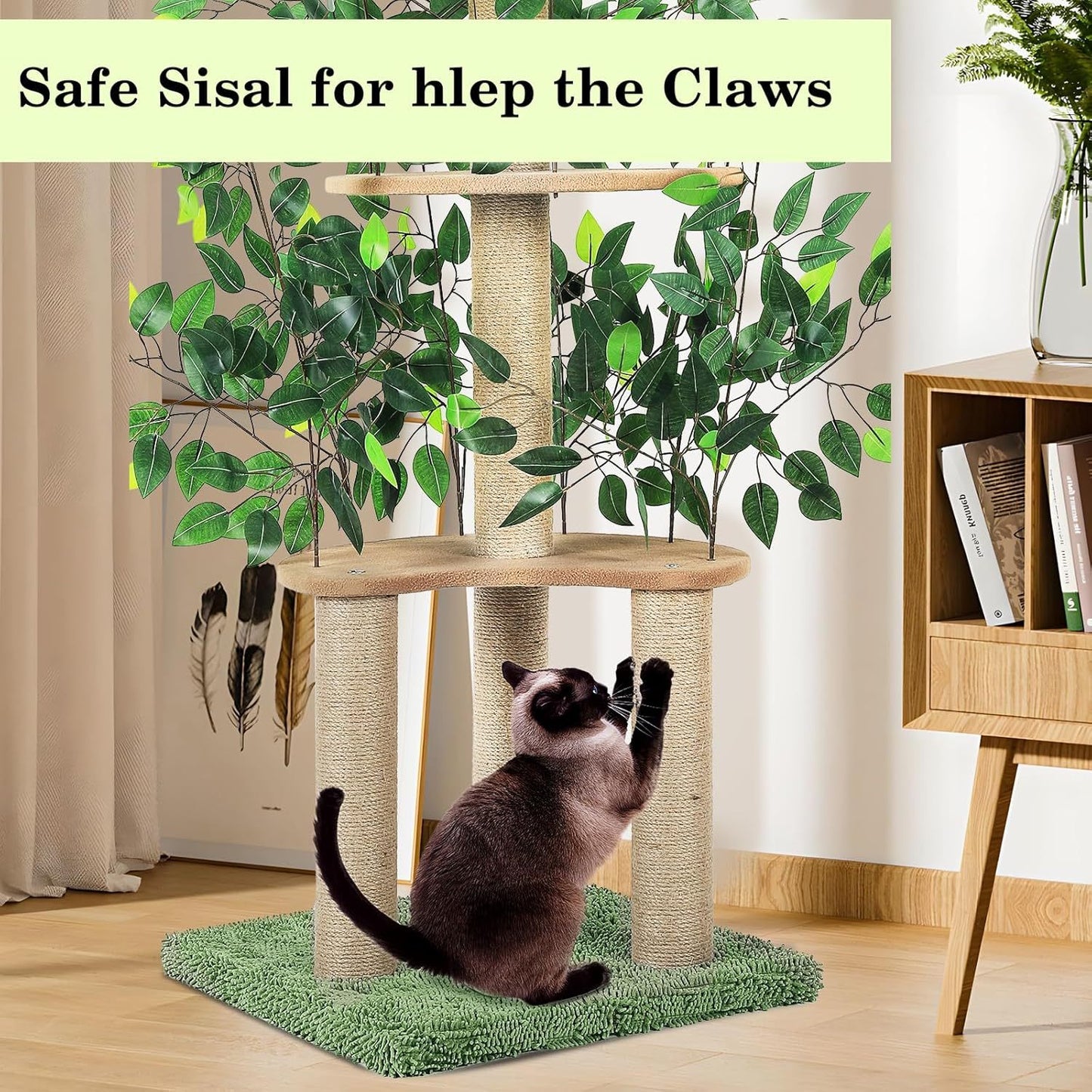 60 Inch Tall Cat Tree with Leaves Multilevel Scratching Post and Hideaway for Indoor Cats