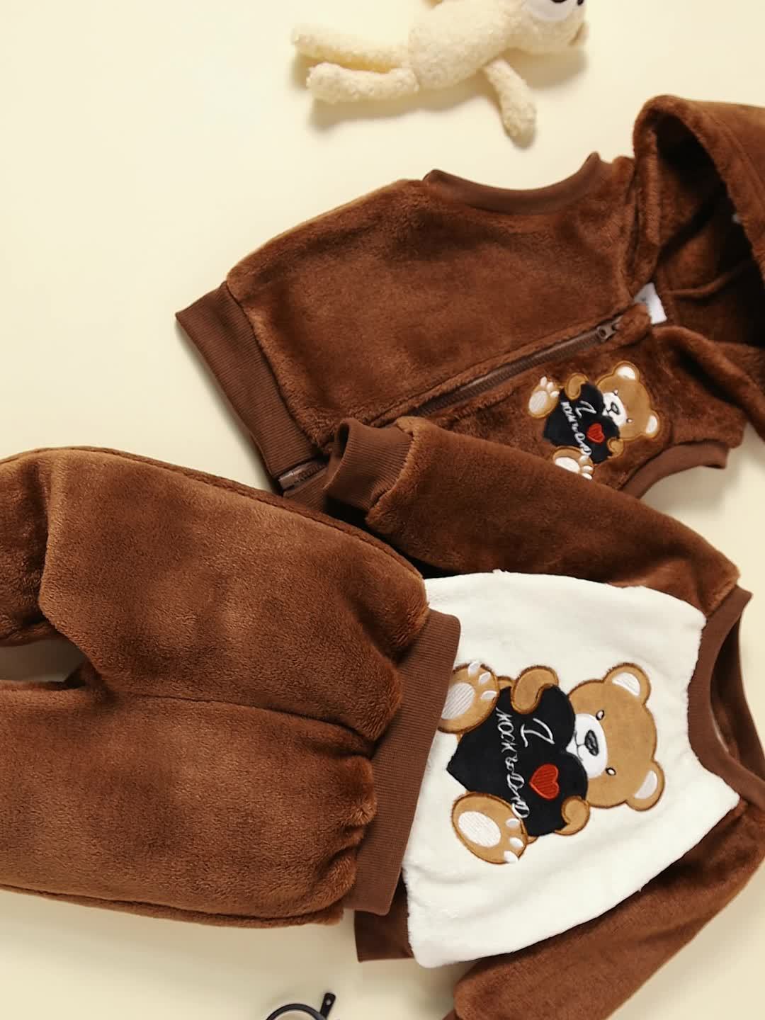 3 Piece Baby Boy Winter Outfit Set With Teddy Bear Embroidery Hooded Zipper Jacket And Flannel Pants