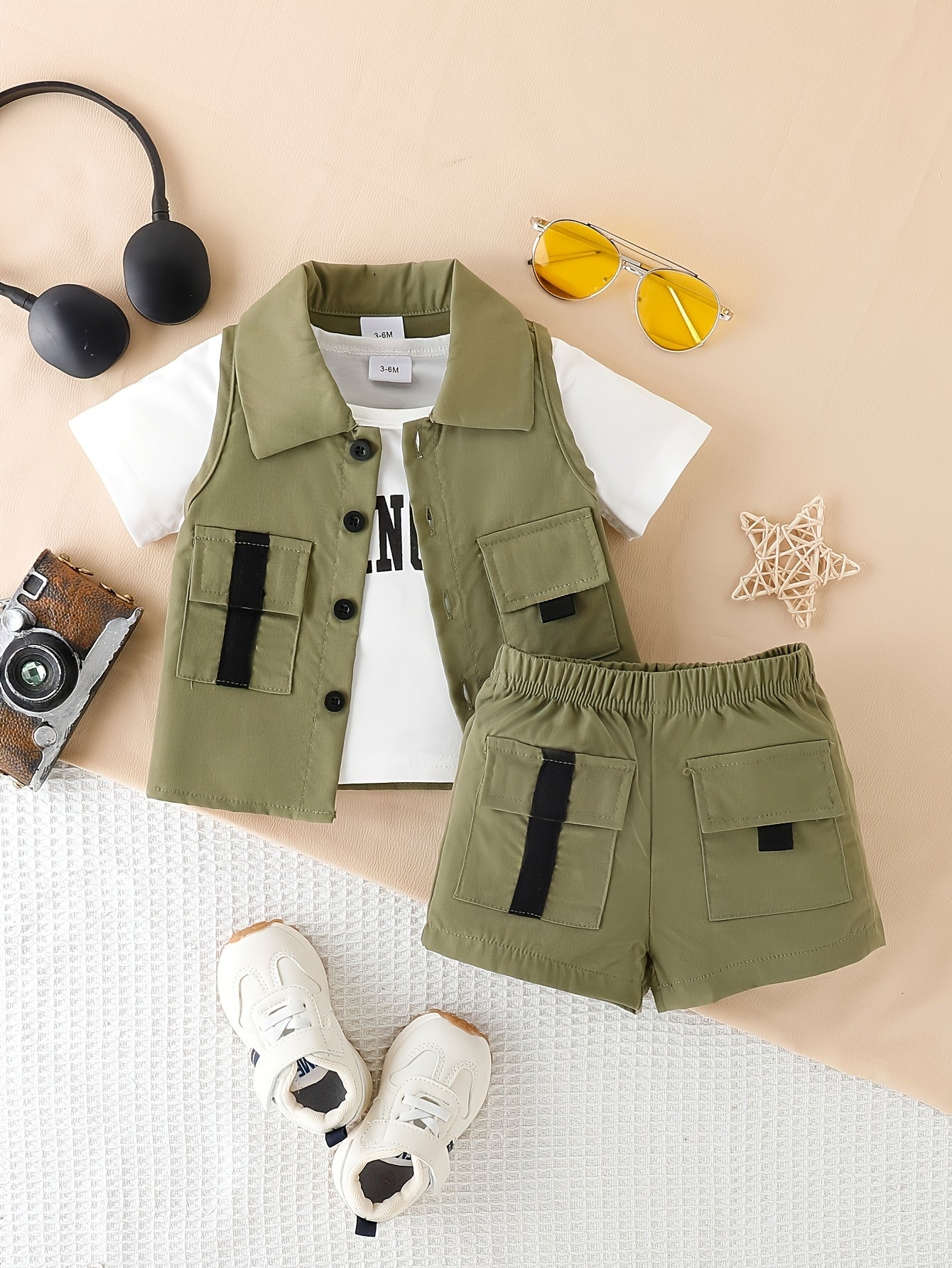 Boys' Summer New Casual Cargo Green Top & White T-Shirt & Versatile Green Shorts Three-Piece Set, for Outdoor, Perfect for Outdoor