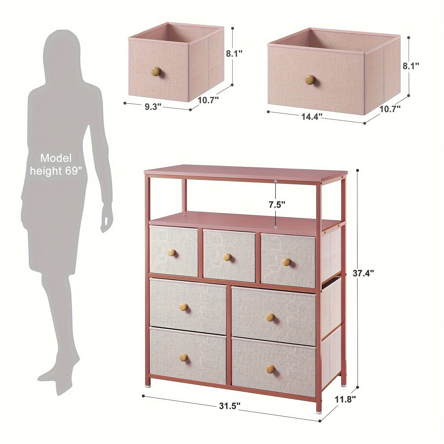 Pink Bedroom Dresser with 7 Drawers Stylish Storage Unit for Living Room and Closet