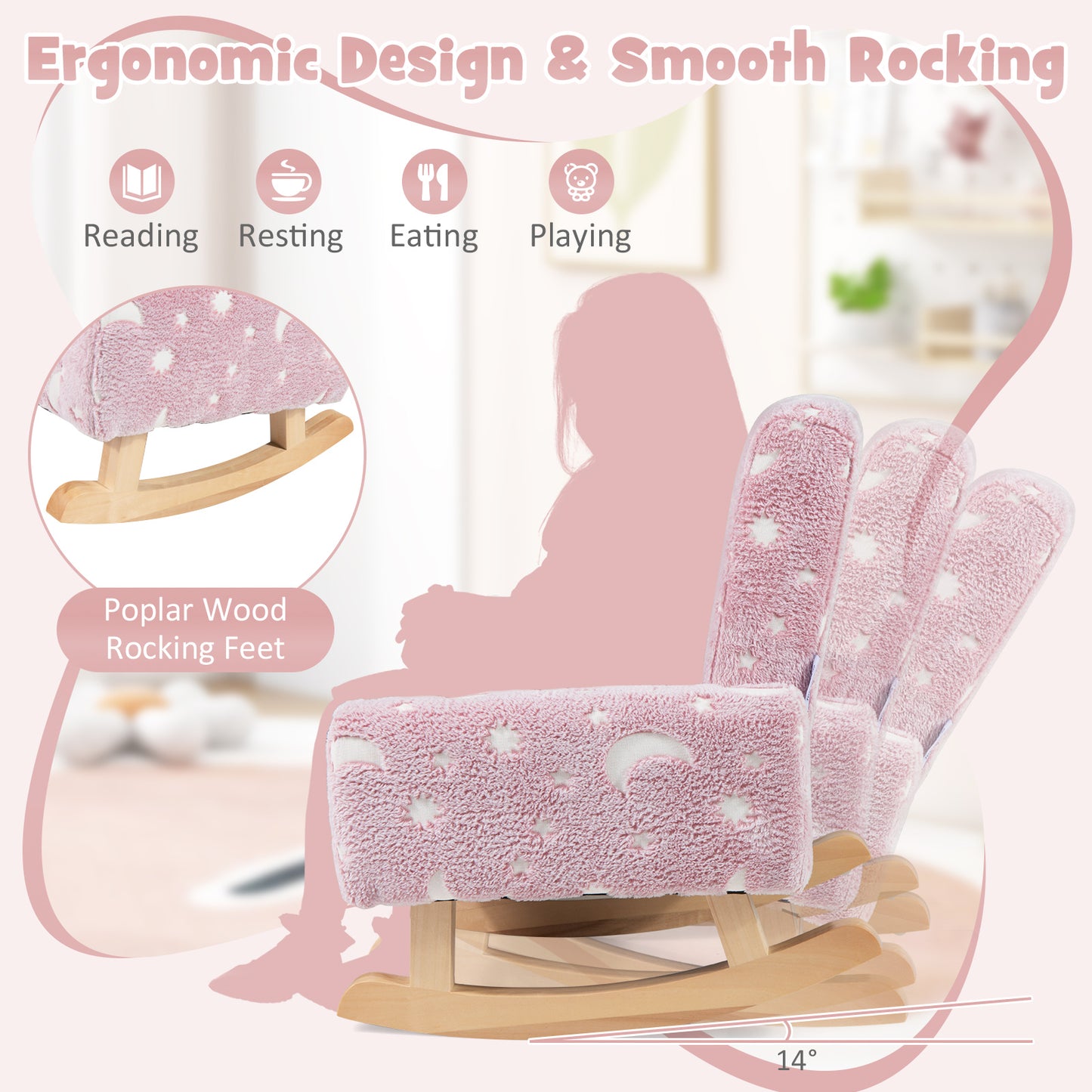 LIFEZEAL Kids Rocking Chair Upholstered Flannel Glow in the Dark Comfy Armchair for Playroom