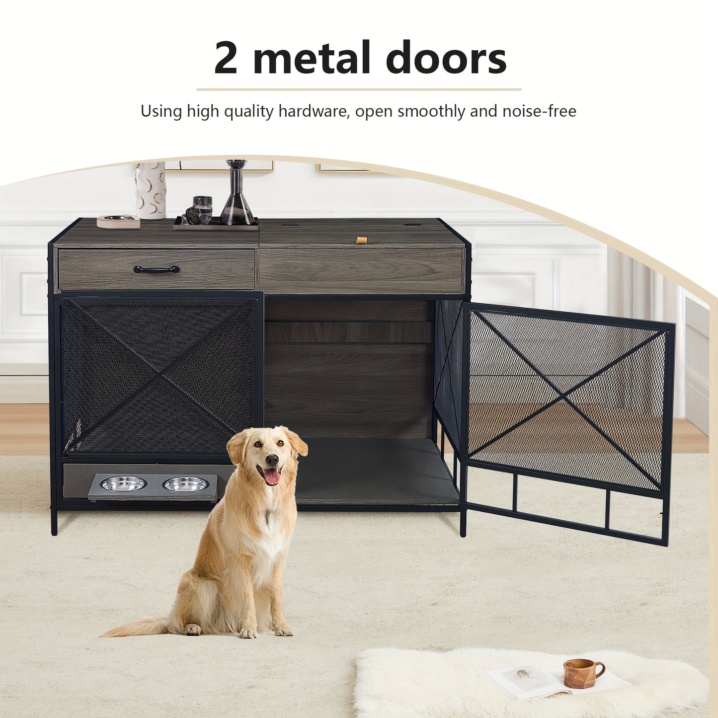 Large Dog Crate Furniture 47 Inch Wooden Kennel Indoor End Table with Drawer and Bowls