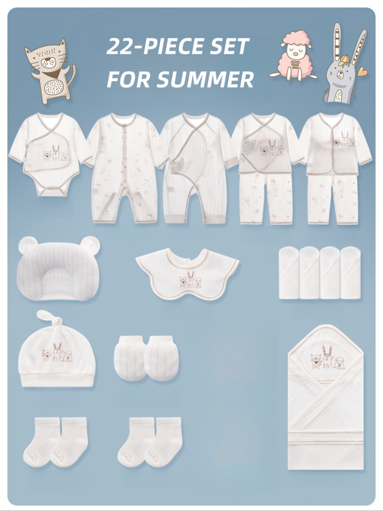 Newborn Bodysuit + Baby Essential Set Of 22 Items, Includes 5 Outfits + Hat + Lace Bib + Pillow + Gloves + Socks + Swaddle Blanket + Washcloths, Spring & Summer Baby Bodysuit Set, Perfect Newborn Gift And Must-Have Essentials