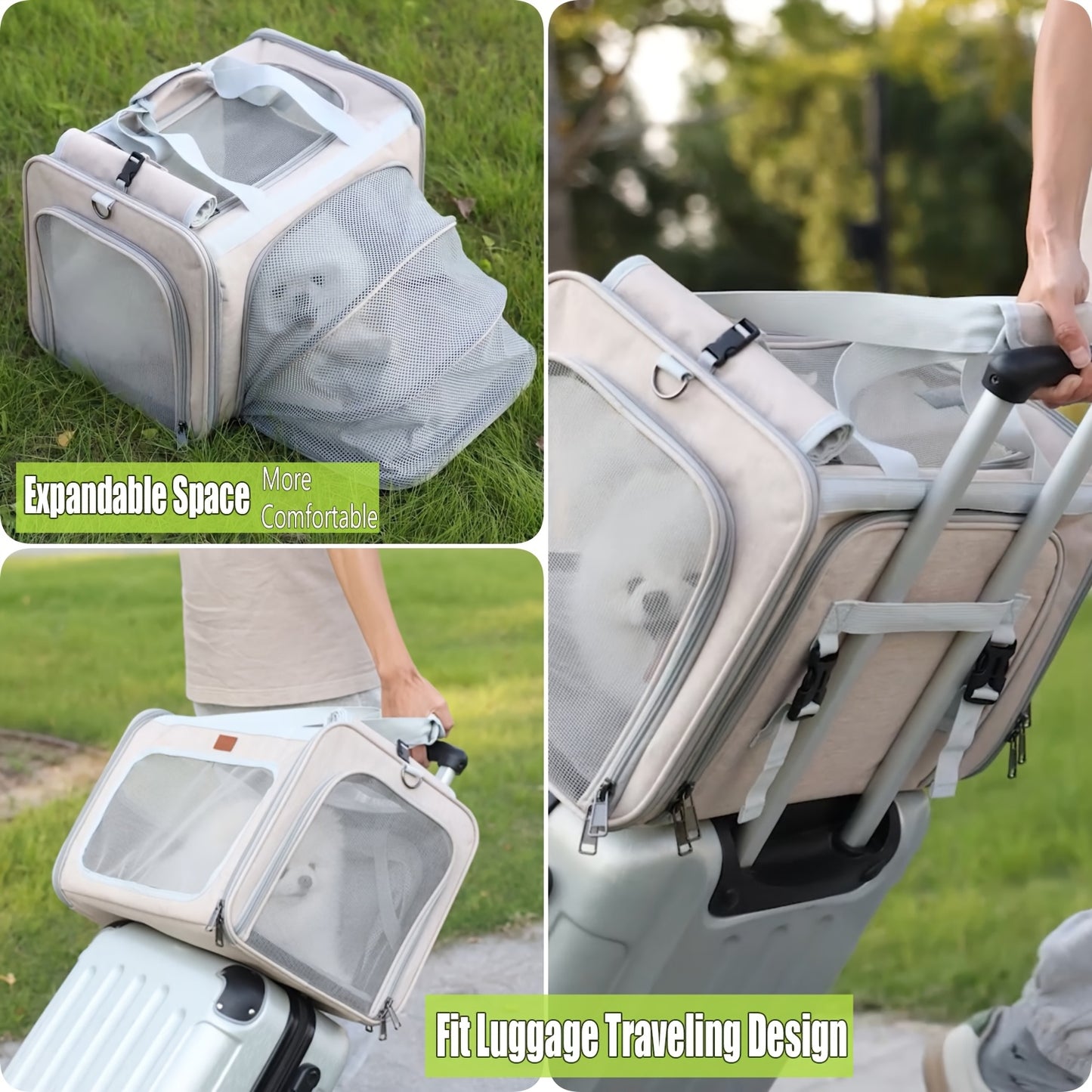 Airline Approved Expandable Soft Sided Pet Carrier for Cats Dogs and Bunnies in Khaki