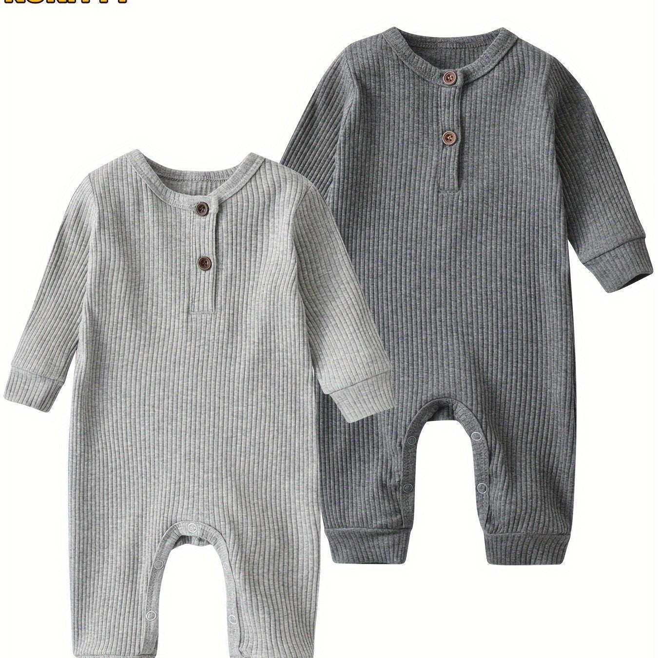 KuKitty Baby Boy Girl 2 Pcs Long Sleeve Solid Color Ribbed Romper Jumpsuit Outfits Clothes