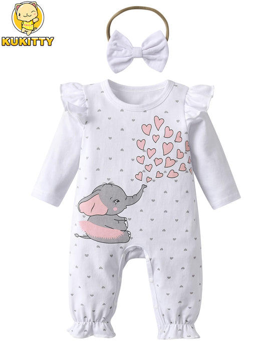 KuKitty Elephant Print Long Sleeve Baby Girls Romper Jumpsuit With Headband For Outdoor Wear 0 To 12 Months