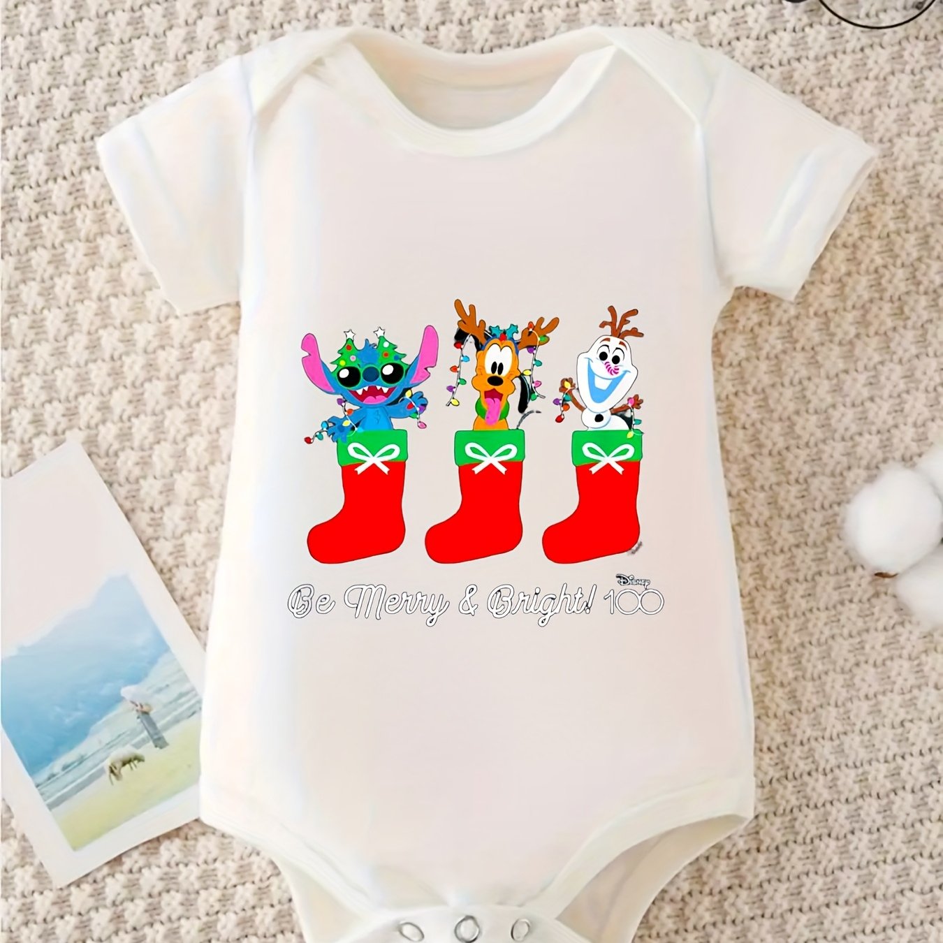 Disney Stitch Pluto Olaf Christmas Be Merry Bright 100 Percent Cotton Short Sleeve Romper