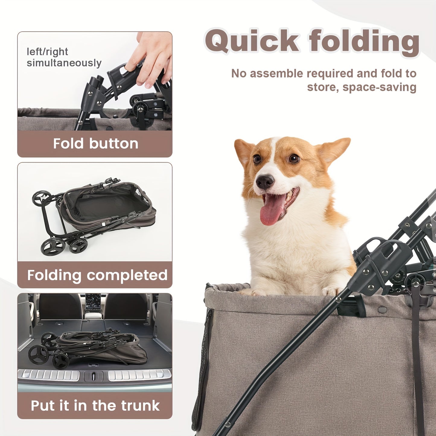 Wedyvko Larger Capacity Dog Stroller for Medium/Small Pets with Dog Poop Bags & Dispenser, Storage Pouch, Zipperless Cat Stroller Entry - Grey/Black/White Wheels - For Dog & Cat Owners - Suitable for Walks & Outdoor Adventure