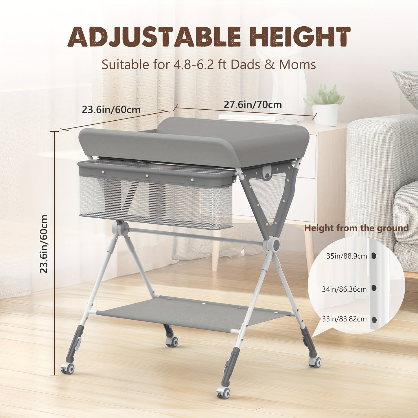 SEJOY Baby Changing Table with Wheels - Adjustable Height Folding Diaper Station, Portable Nursery Organizer & Storage Rack with Wicker Basket, Durable Metal Frame, Gray for Newborns & Infants