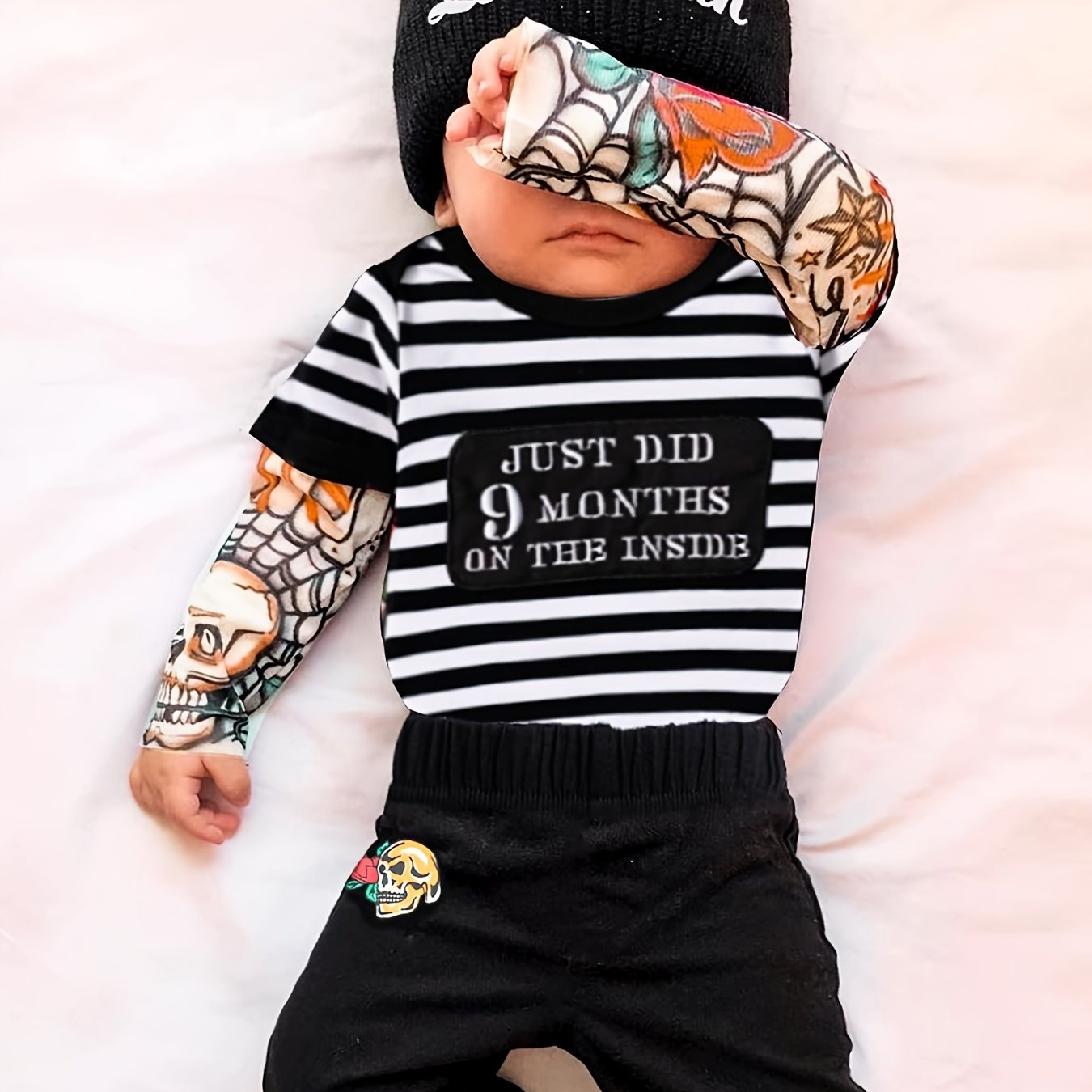 Newborn Baby Boy Tattoo Print Striped Romper Set With Black Pants Three Piece Outfit