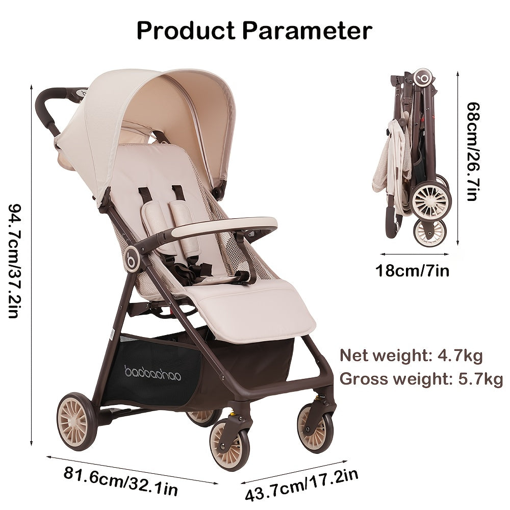 Compact Travel Stroller - Lightweight, Quick Fold, One-Click Operation, Beige & Brown Design, Anti-Skid Wheels, Large Capacity Basket, Portable Stroller for On-the-Go Parents, Durable Metal Frame, Compact Stroller