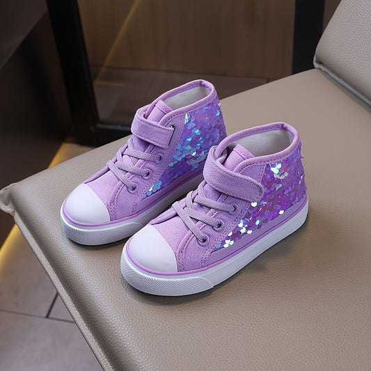 Girls Lightweight Canvas Sneakers with Purple Star Sequins Mid-Top Casual Shoes