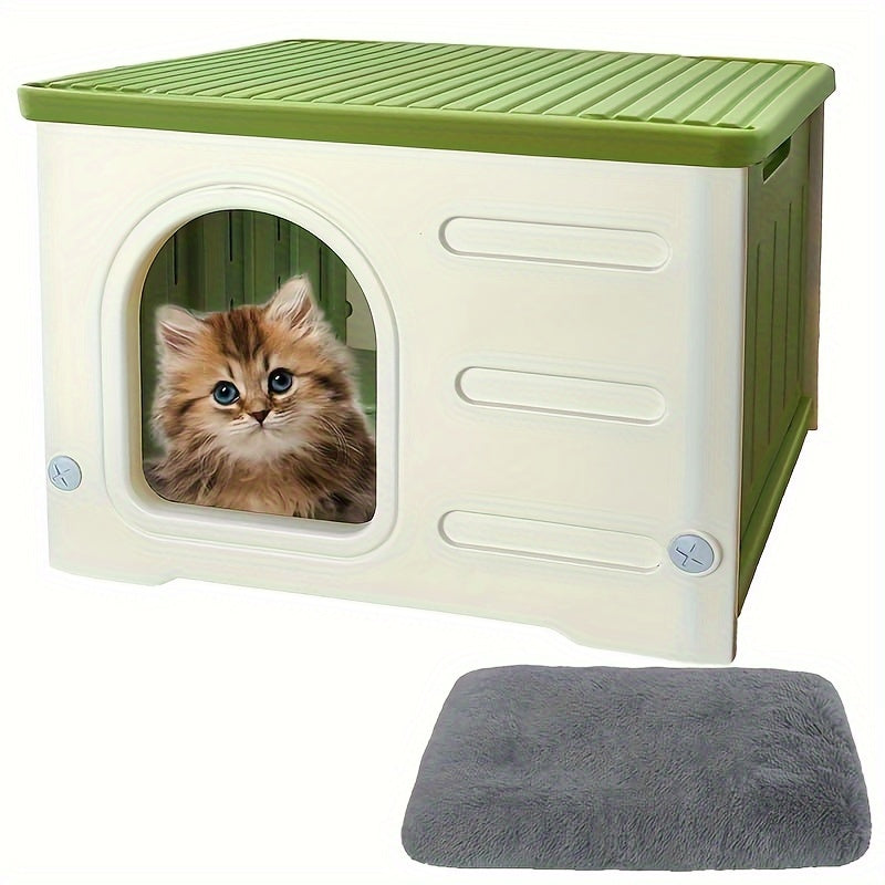 Waterproof Classic Cat House with Mat Indoor Outdoor Plastic Shelter Easy Assembly