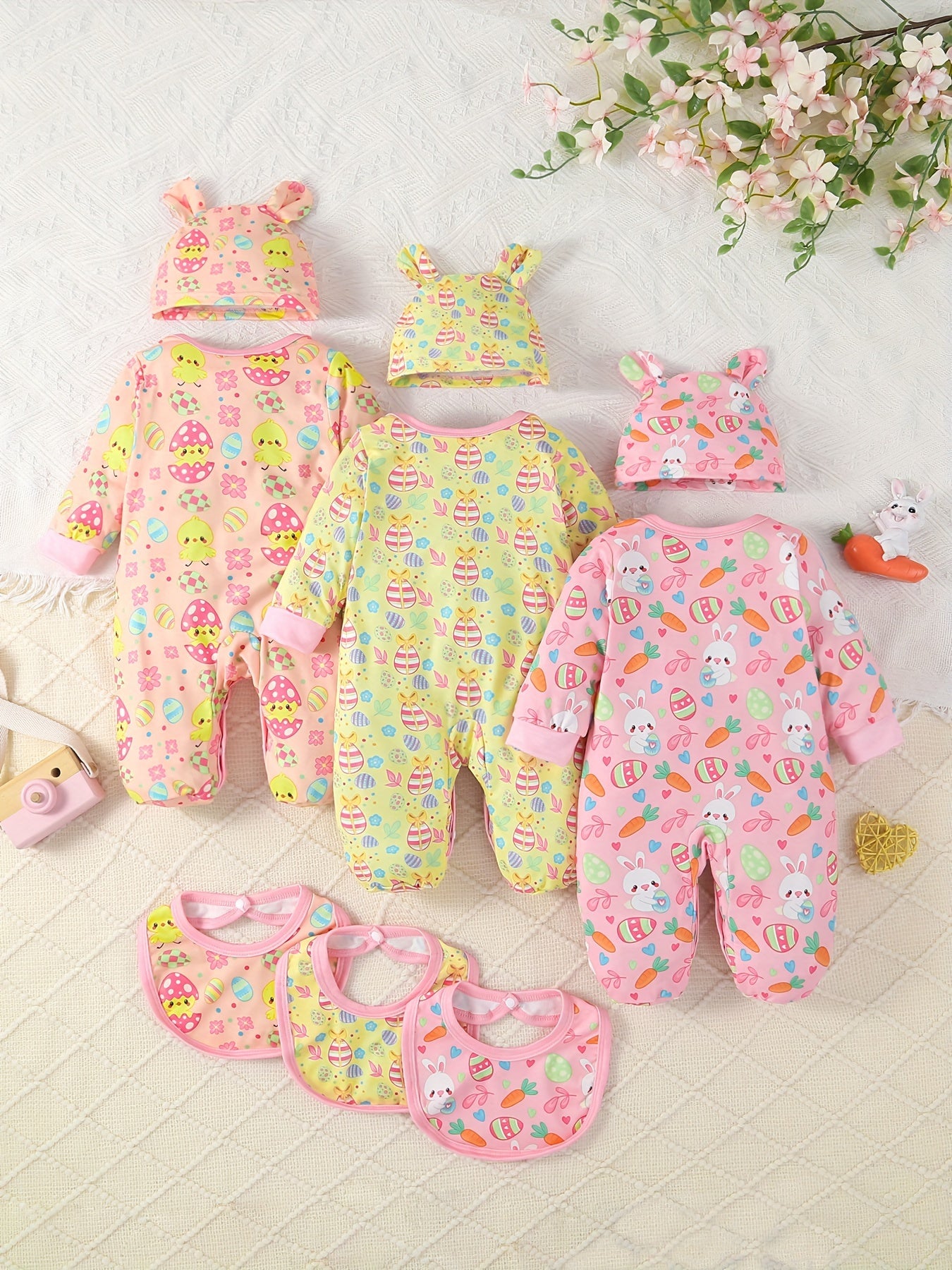 Newborn Girl 9Pc All Season Outfit Set With Bunny Hat