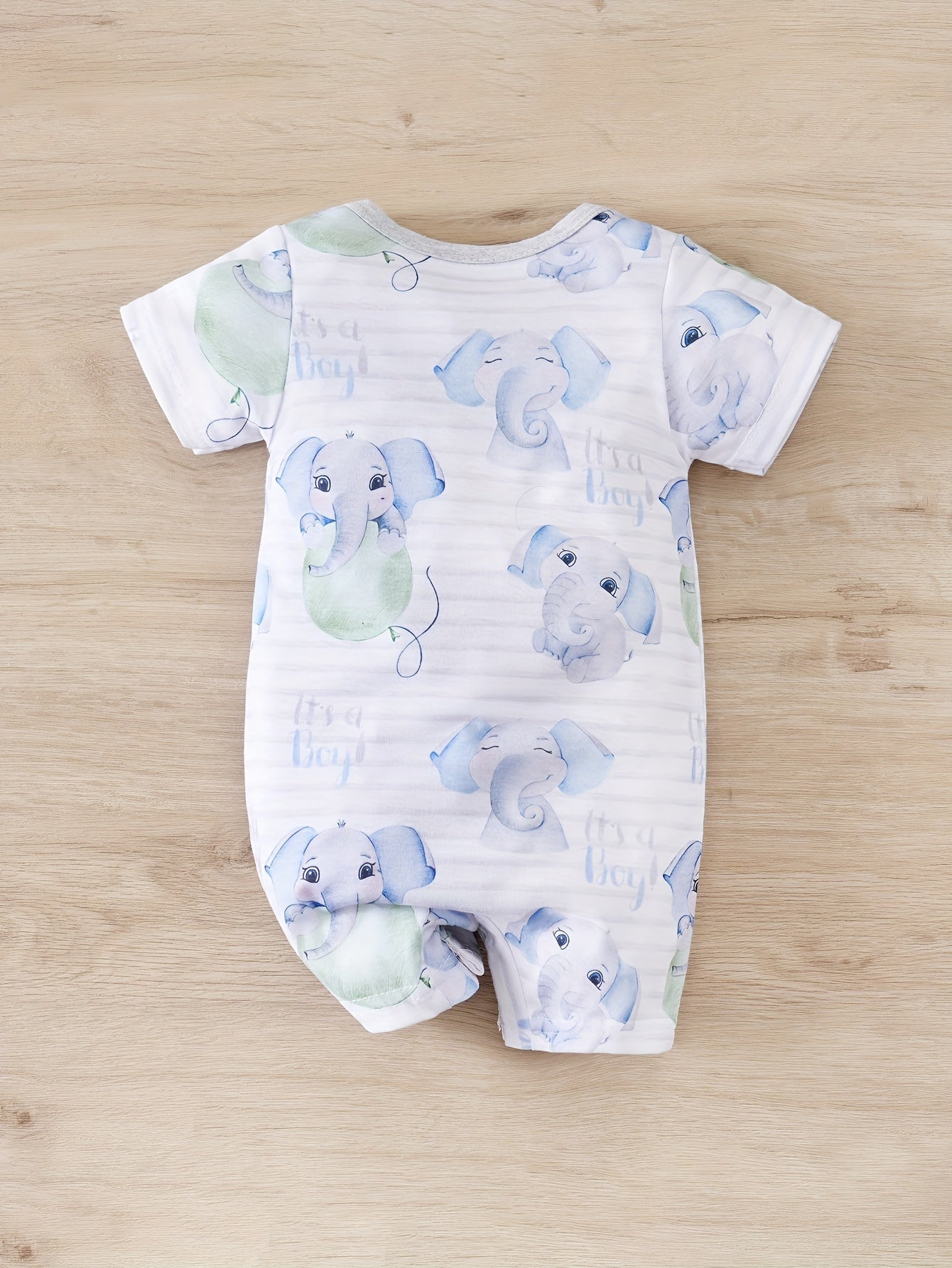 Summer Elephant Stripes Romper Adorable Cartoon Print Short Sleeve Unisex Jumpsuit