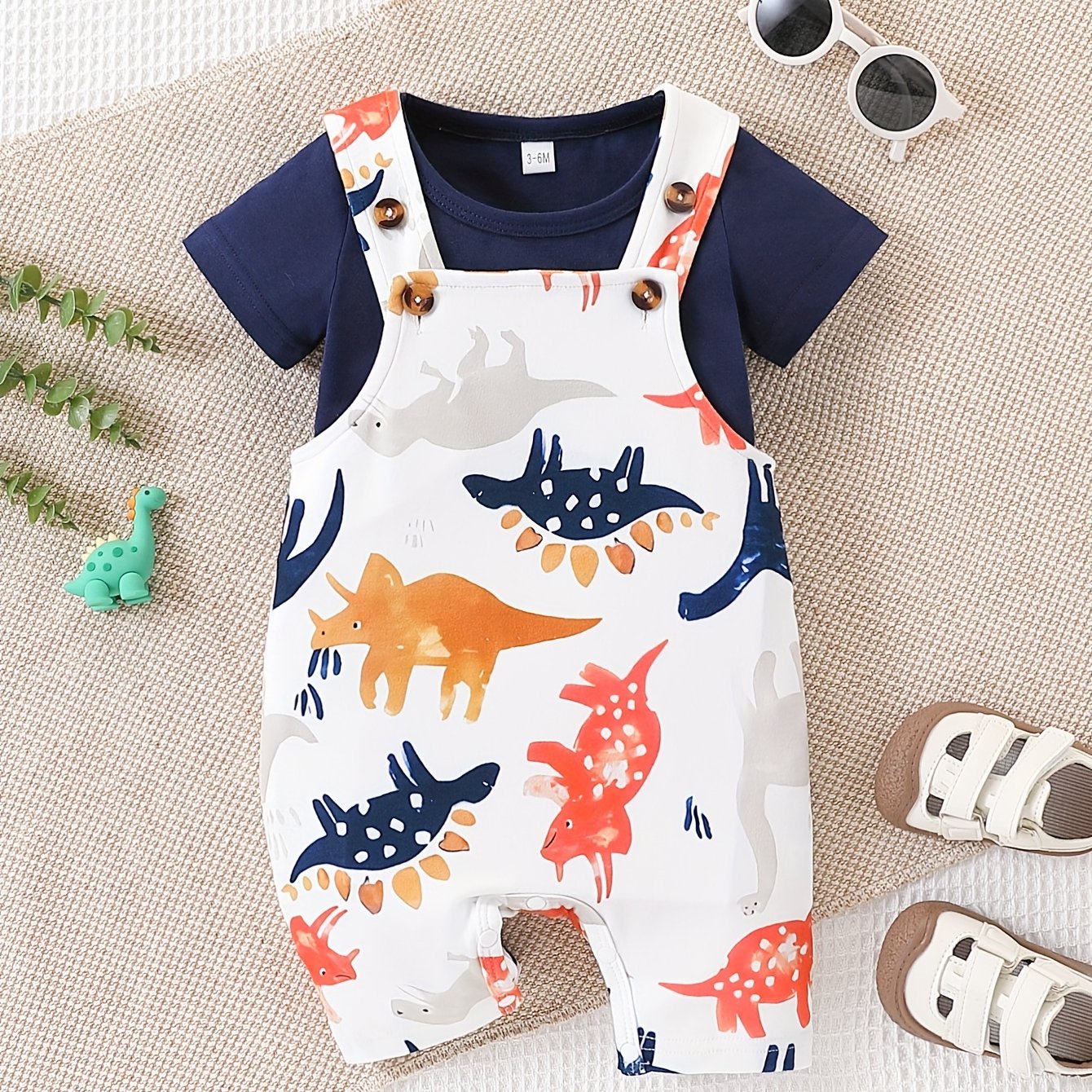 Newborn Baby Boy Clothes Toddler Boys' Short Sleeve T-Shirt+Dinosaur Print Overalls Jumpsuit Short Pants 2pcs Outfits Sets, Perfect for Outdoor