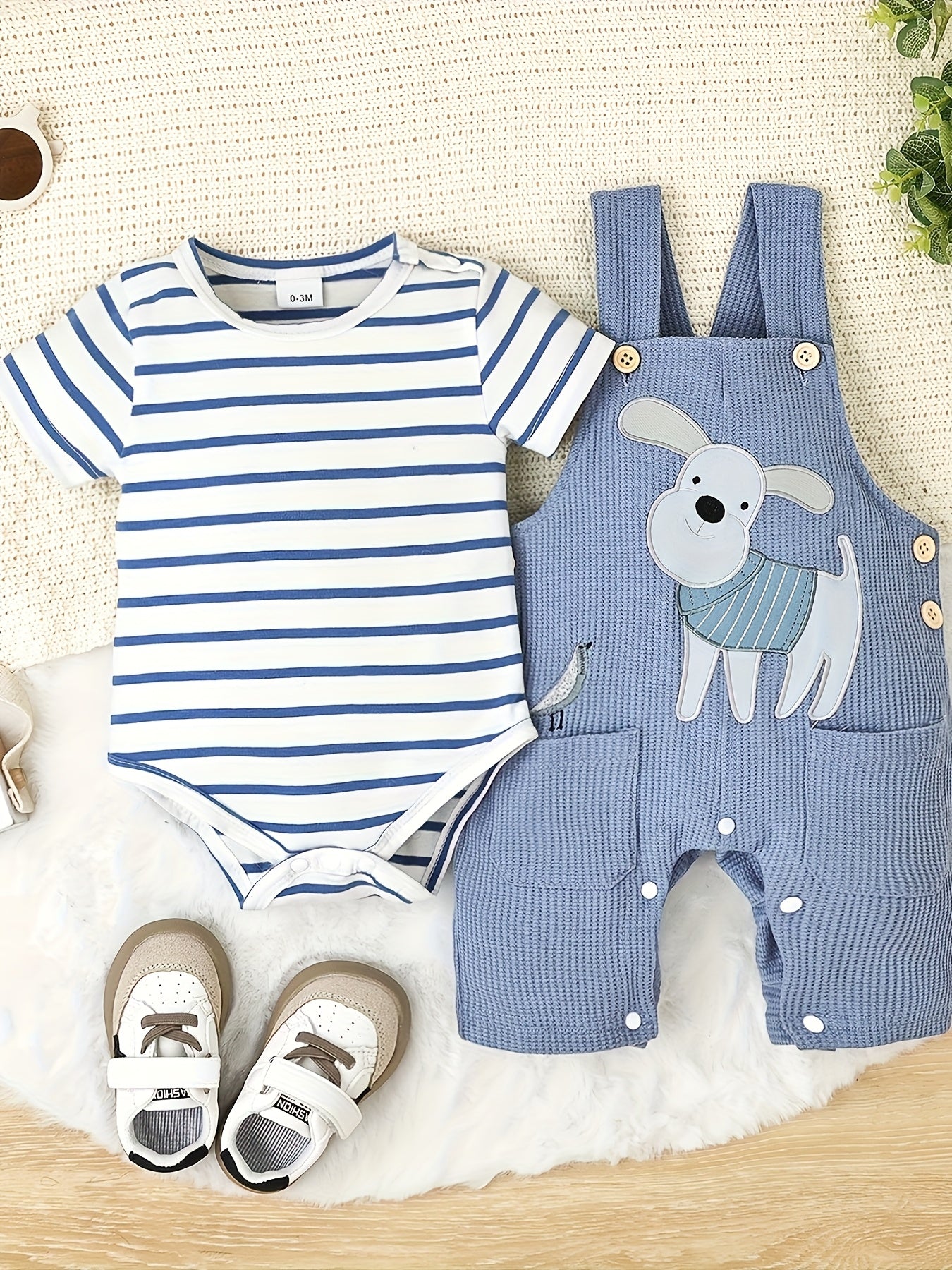Baby Boy Summer Outfit Striped Romper with Cute Cartoon Dog Overall Pants Set 0-18 Months