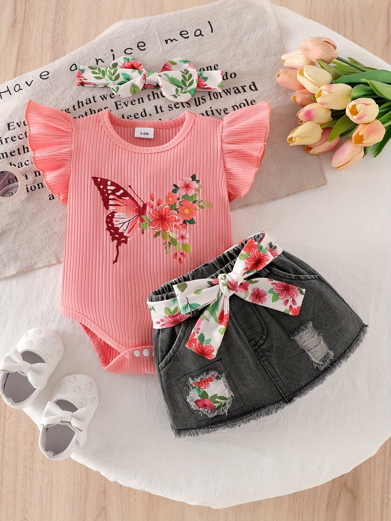 CETEPY Youngsters Girl Summer Clothes Cute Butterfly Printed Romper + Denim Skirt + Headband 3pcs Shorts Set 0-18 Months