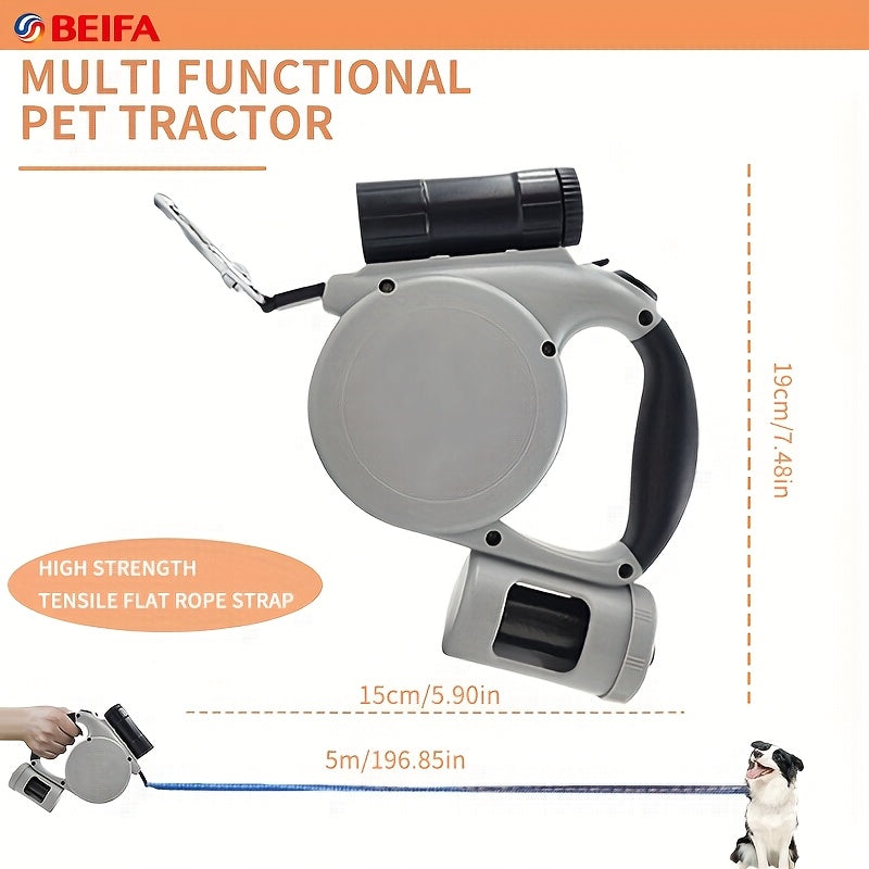 Multifunctional Retractable Dog Leash 5m/16ft | Hands-Free Extendable Pet Lead with Built-in Storage Box & 3 Waste Bag Rolls | Portable Poop Bag Dispenser, Tangle-Free Design for Walking/Hiking