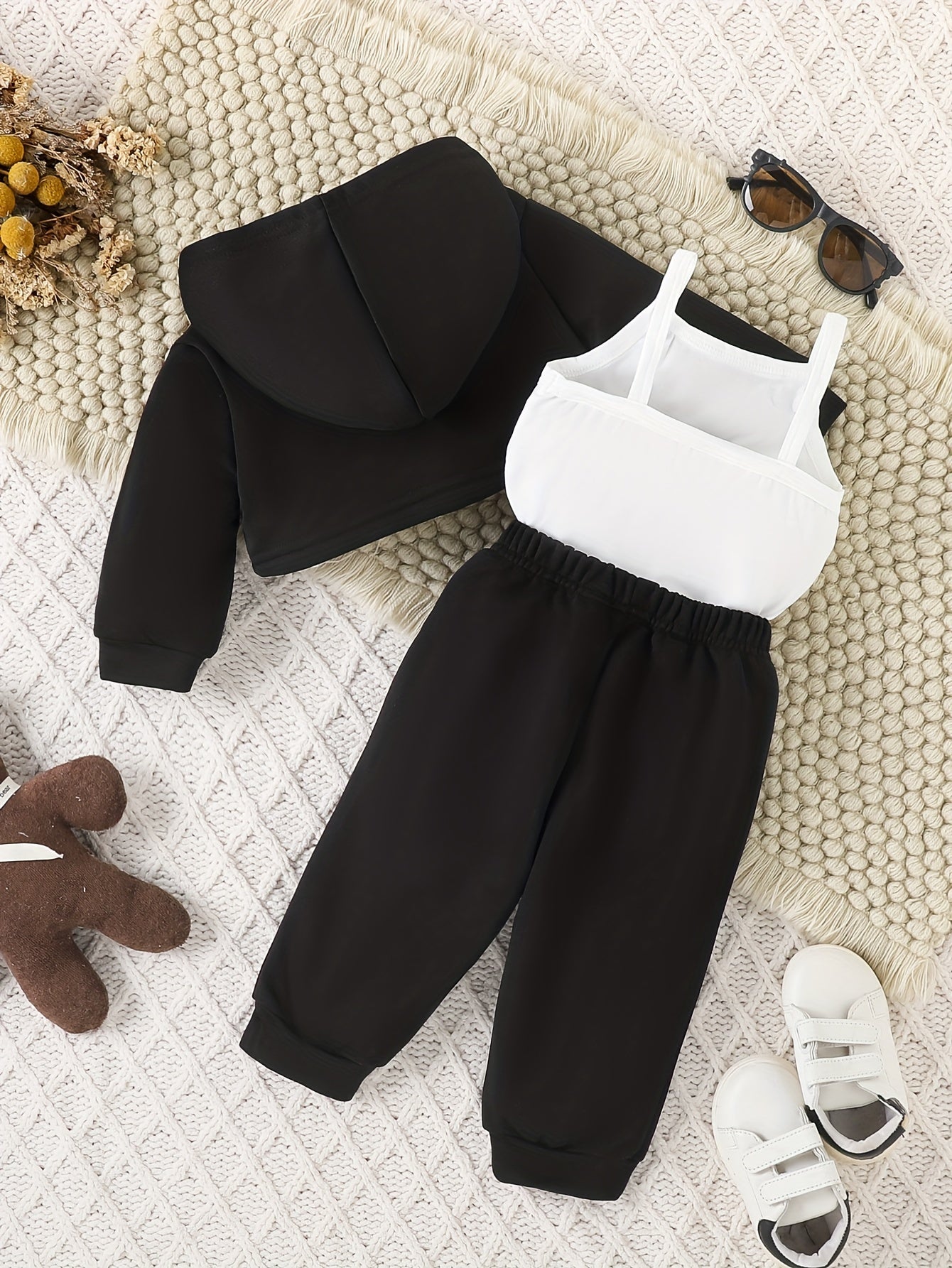 3PCS Baby Girl's Daddy's Mini Print Hoodie Cami Top Casual Pants Outdoor Set for Fall Winter