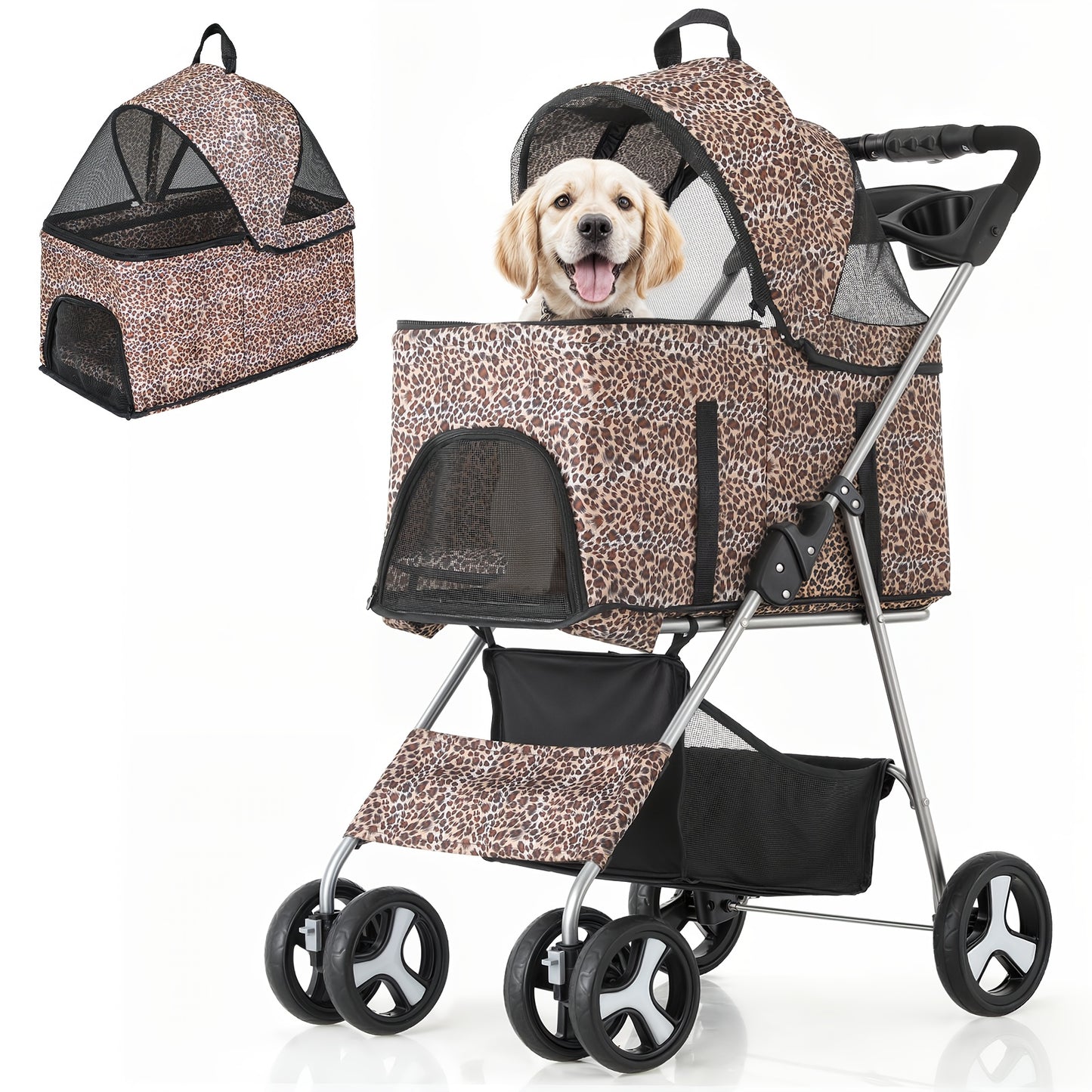 MoNiBloom 3-in-1 Foldable Pet Stroller Detachable Carrier, Car Seat and Stroller with Push Button Entry for Small Pets, Dog Stroller for Medium Dogs Load Up to 33 lbs