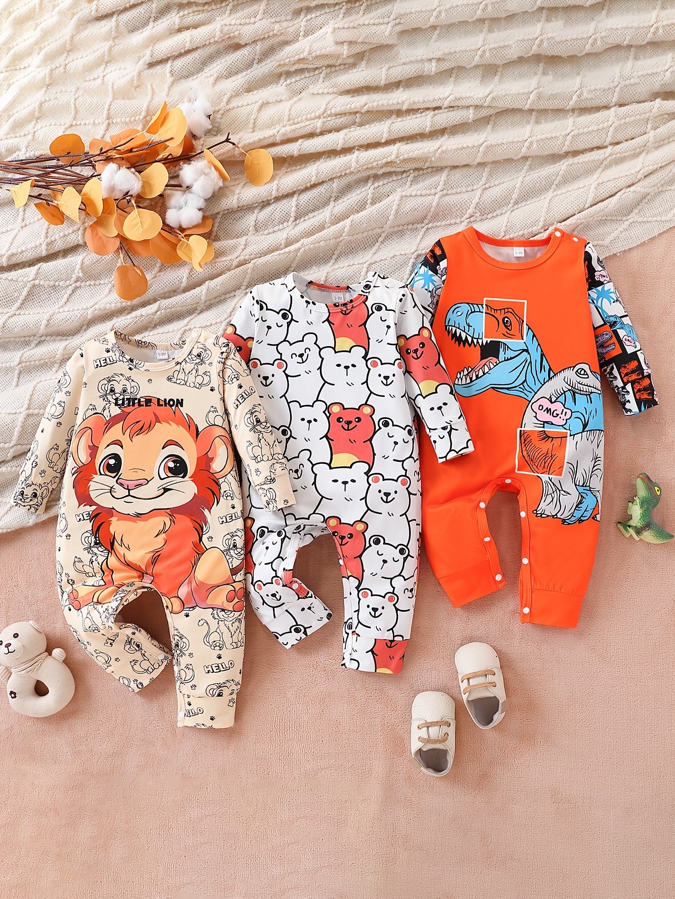 3 Piece Baby Boy Romper Jumpsuit Soft Long Sleeve Cartoon