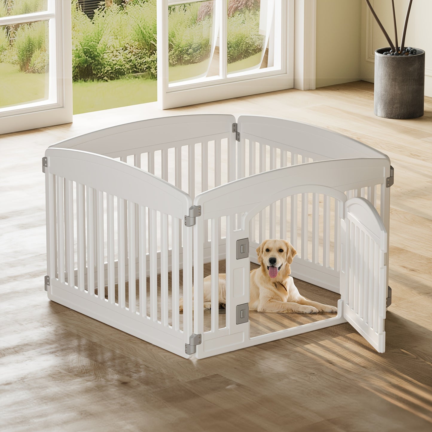 Durable 4 Panel Plastic Pet Playpen with Lockable Door and Non-Slip Bottom for Indoor Outdoor Use