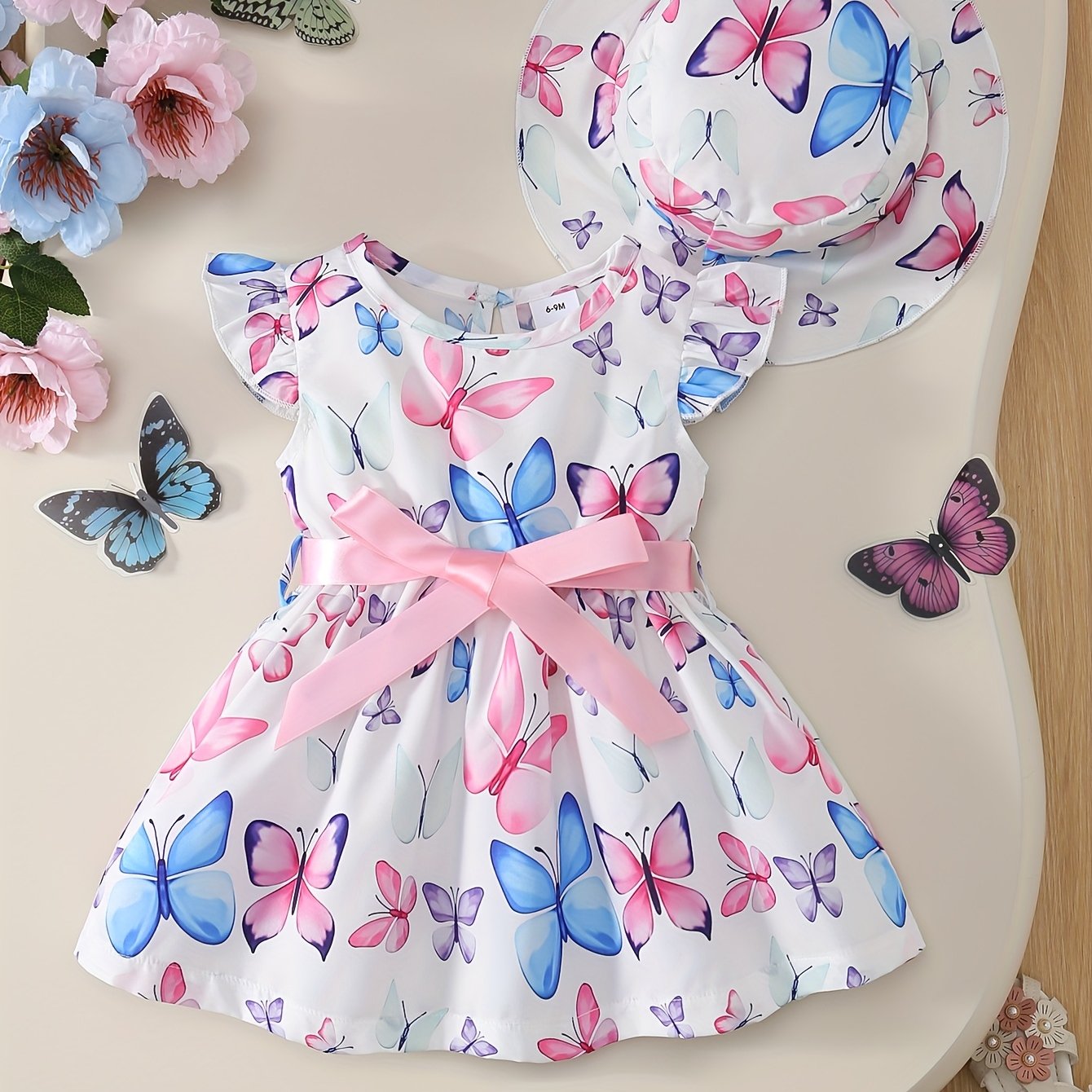 2pcs Baby Girl Butterfly Print Dress Set with Fly Sleeves and Sun Hat for Summer Fun