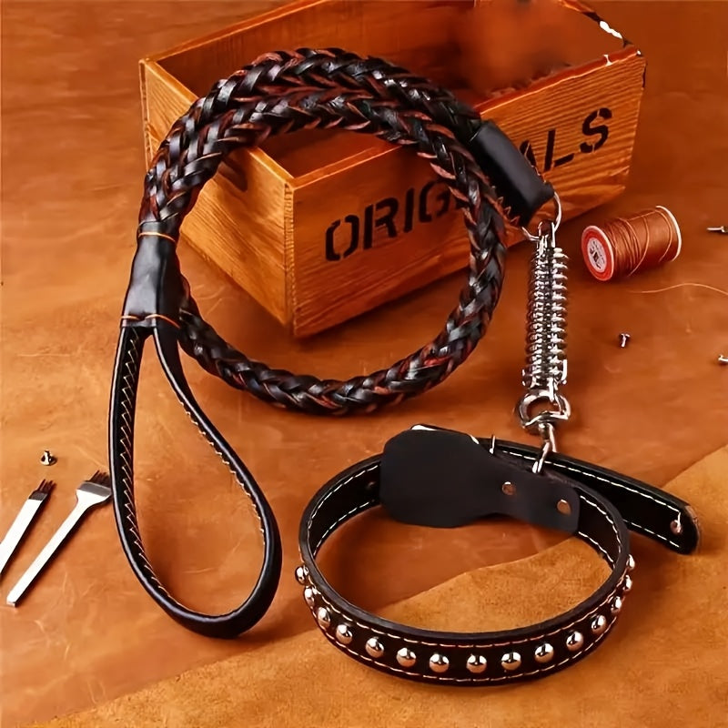 [Genuine Dog Leash] High Quality 5-Foot Genuine Dog Leash with Cowhide Collar | Medium & Large Dogs, Golden Retriever, German Shepherd & More