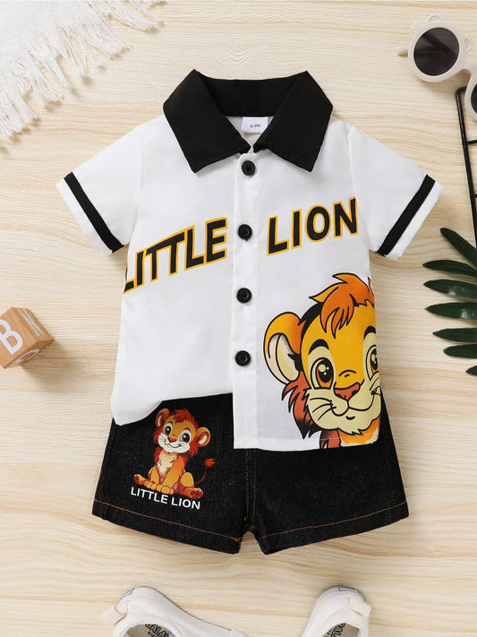 Cute Cartoon Number Pattern Cardigan and Lion Print Denim Shorts Set for Kids