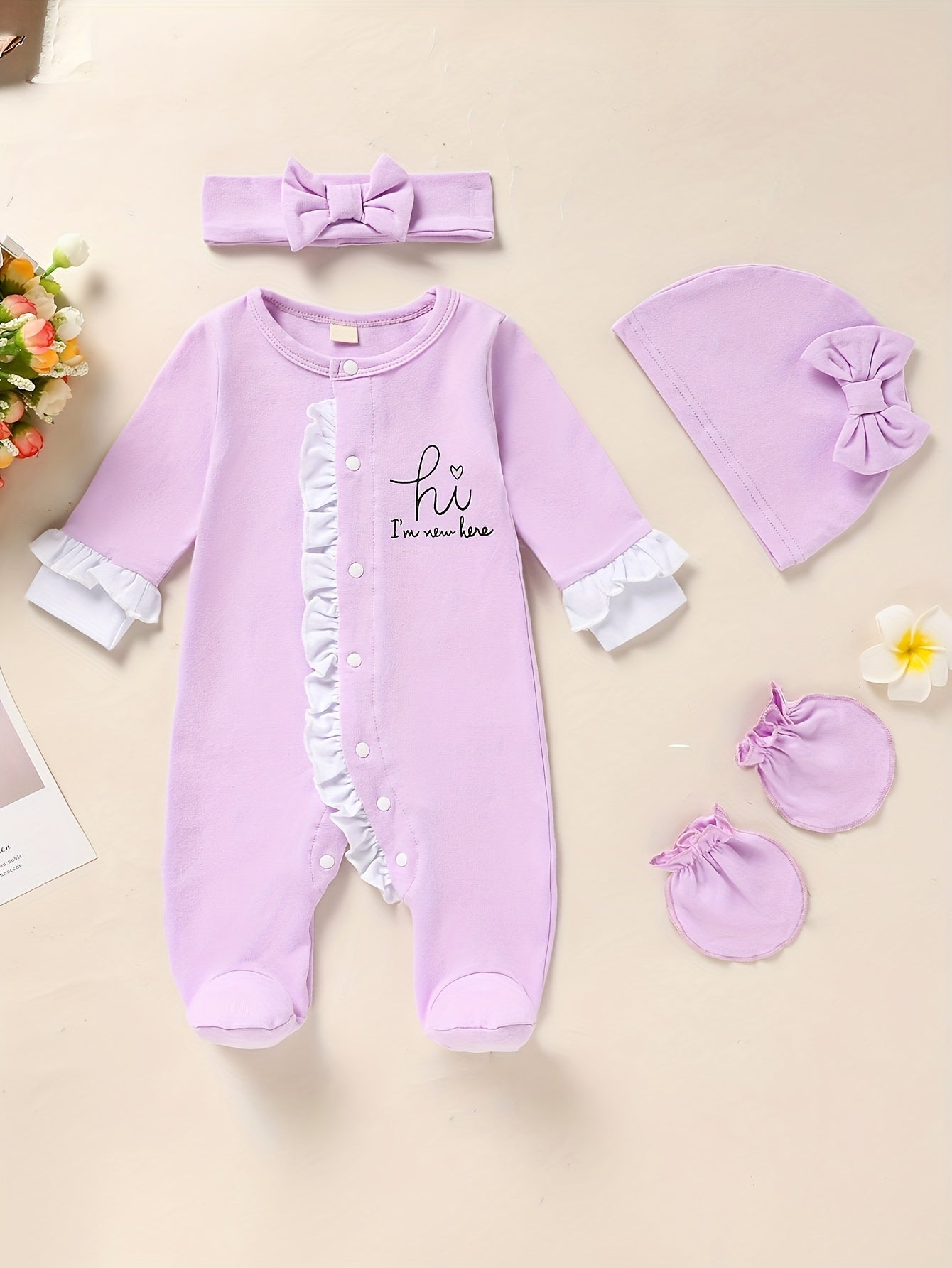Newborn Baby Girl Romper Set Letter Print Mittens Headband
