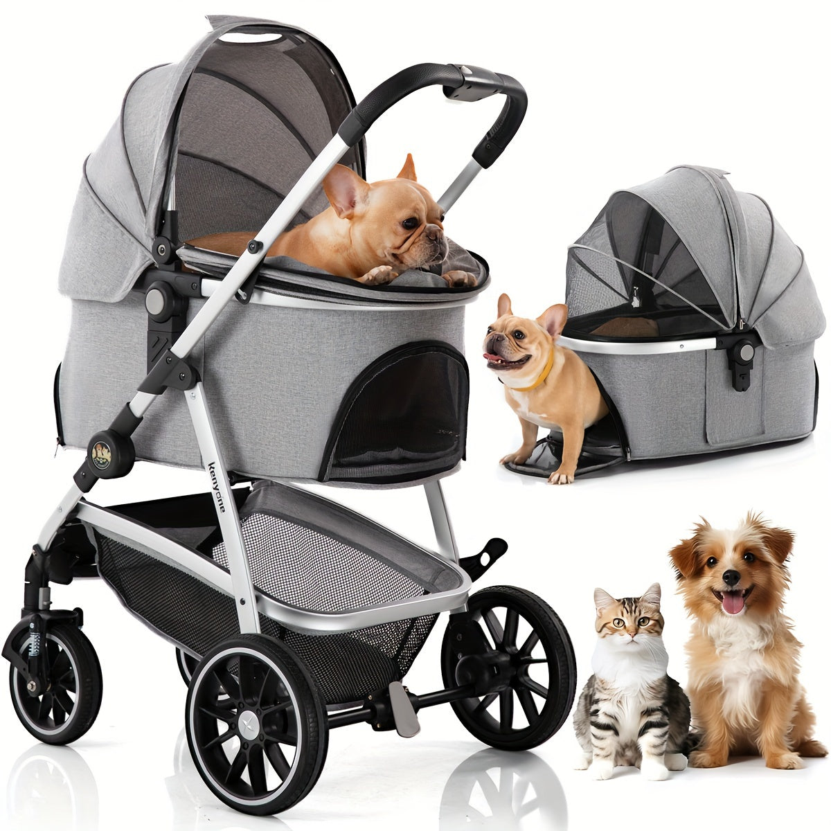 Kenyone Pet Stroller C510 Gray - 3 in 1 Dog Stroller for Medium Small Dogs, Large Cat Stroller with Detachable Carrier for Puppies, Doggies, Kitties, Bunnies - Durable & Lightweight - Suitable for Outdoor Walks & Travel - Ide