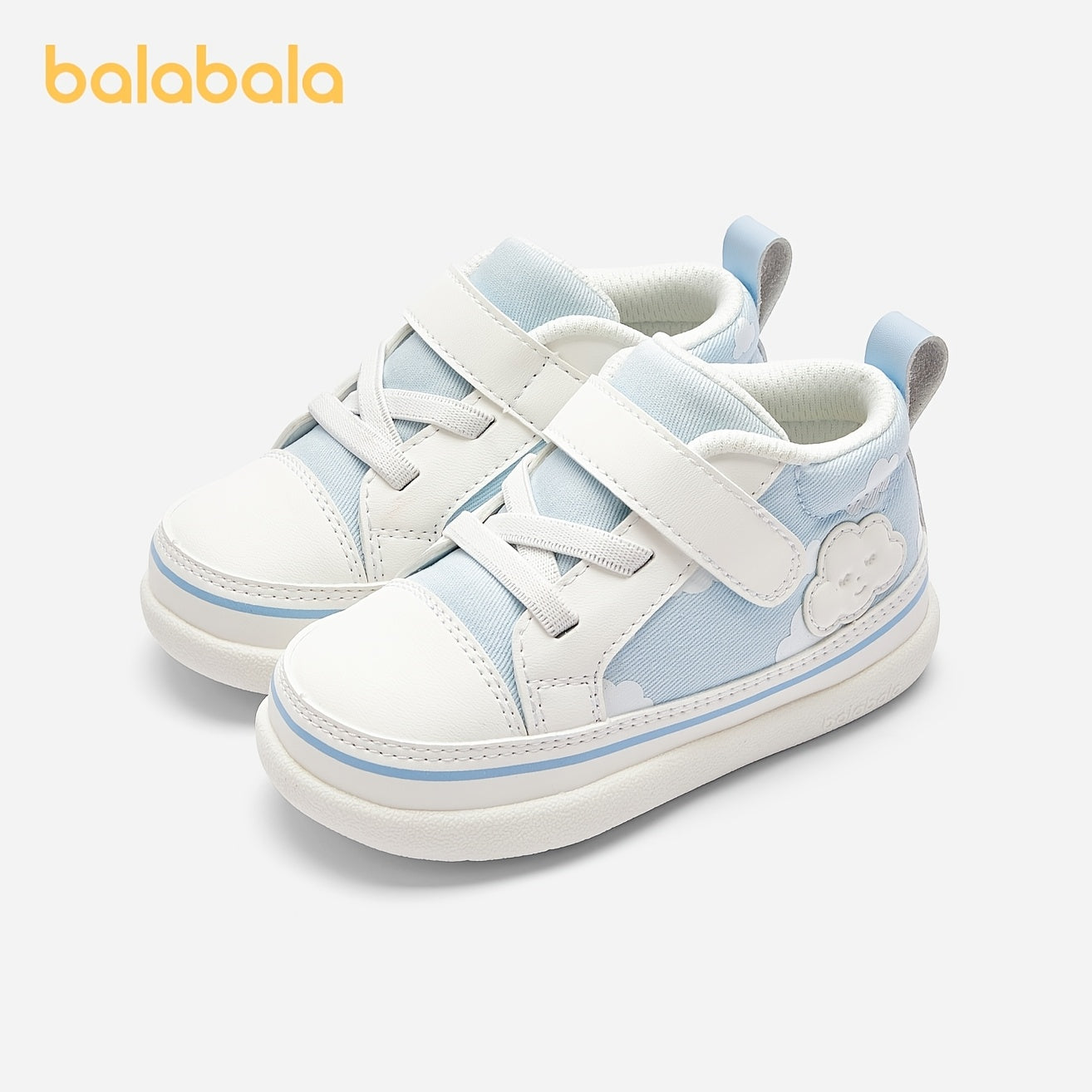 Balabala Baby First Walkers Shoes - High-Top Ankle Support Sneakers with Closure, Light Blue Cartoon Cloud Pattern, Breathable Fabric & EVA Cushioned Insole, Non-Slip Rubber Sole for Spring/Fall Casual Shoes, Everyday Toddler