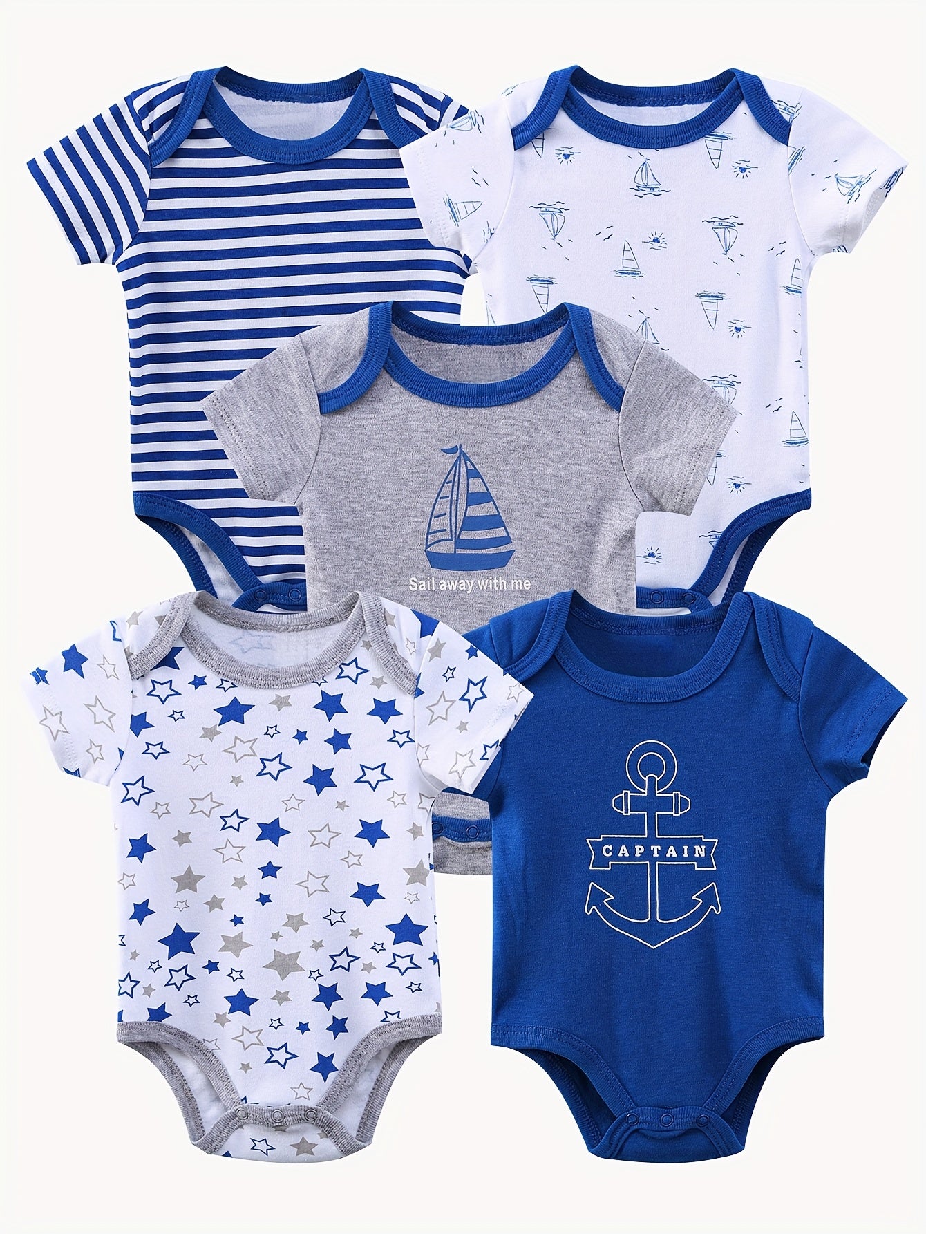 5pcs Short-sleeved Triangular One-piece Suit for Baby Boys, Cotton Baby Coat, Crawling Suit, And Bottom Coat, Elegant Ocean Sailboat Design, Soft Fabric Home Wear, Perfect for Outdoor