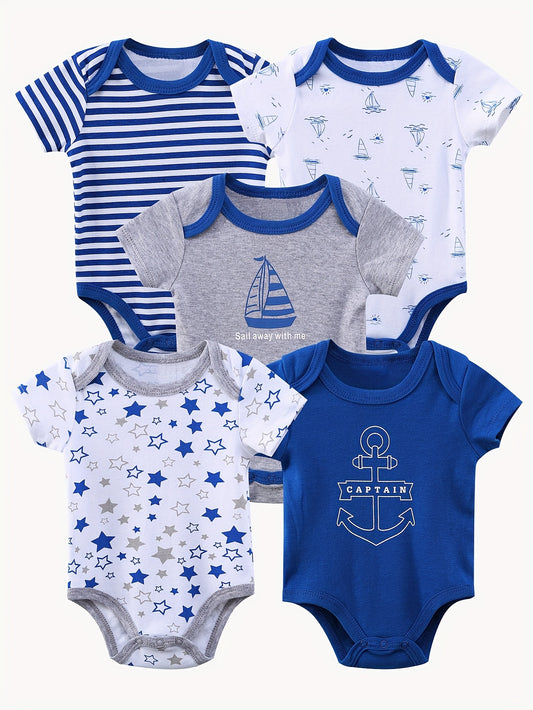 5pcs Short-sleeved Triangular One-piece Suit for Baby Boys, Cotton Baby Coat, Crawling Suit, And Bottom Coat, Elegant Ocean Sailboat Design, Soft Fabric Home Wear, Perfect for Outdoor