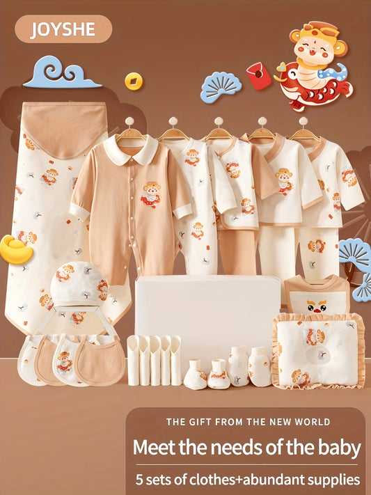 Baby Boy Clothes+Newborn Necessities Set 28pcs, Shower Gifts, Local Warehouse, 5 Sets Of Clothes+Hat+Pillow+Hand And Foot Sets+Bib Outfits, Romper, All-season Wearable,, Soft Fabric, Perfect for Outdoor