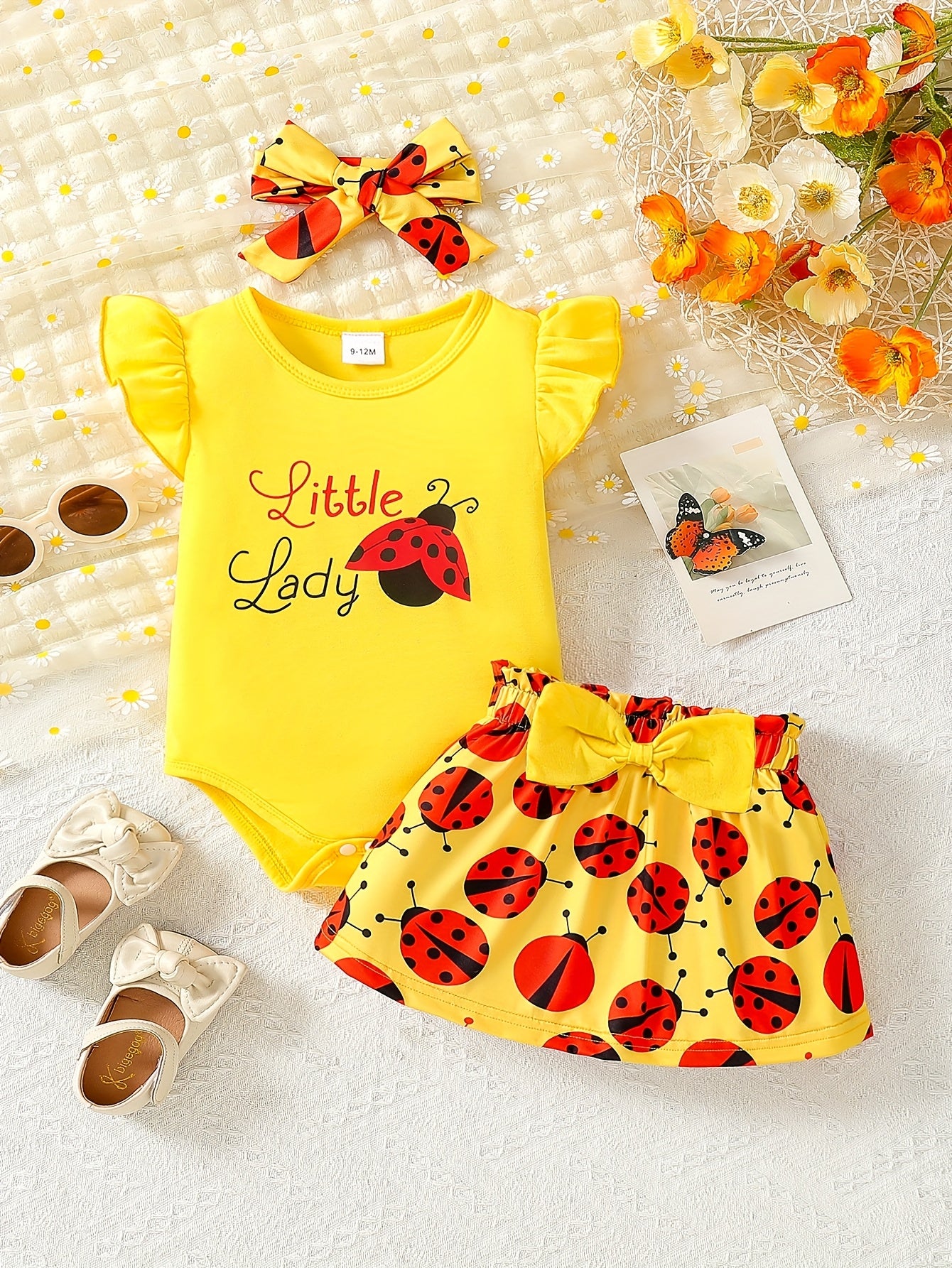 Little Lady Print Baby Girl Outfit Set With Cap Sleeve Bodysuit Hairband And Ladybug Skirt 0 To 3 Years