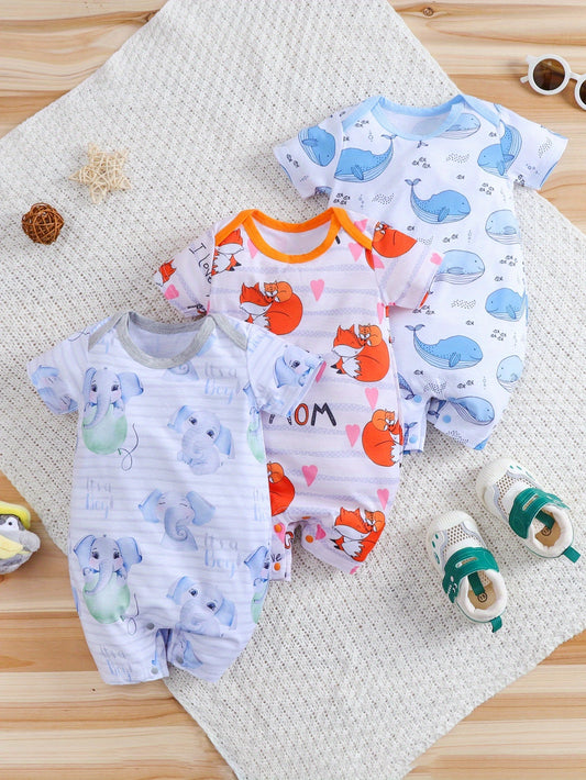 3pcs IURNXB Bodysuits - Summer Short Sleeve Rompers with Cute Elephant, Giraffe & Whale Animal Prints, Breathable Unisex Outfits for, Easy Diaper Change Snap Buttons, Hand Wash Only, Perfect for Outdoor