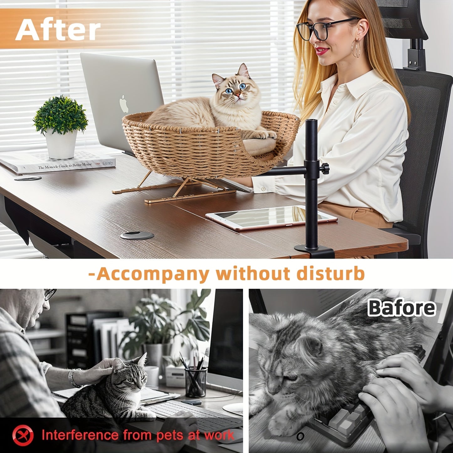 Adjustable Height 360 Degree Rotating Cat Desk Bed Hammock with Removable Shelf and Mats