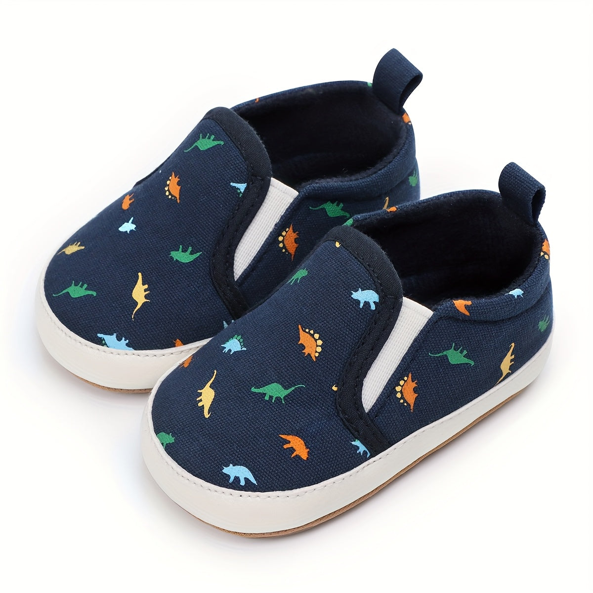 Infant Baby Boys Girls First Walker Sneakers - Soft Anti-Slip Rubber Sole, Slip-On Canvas Shoes with Cartoon Patterns (Navy/Beige/Gray) for Newborn Toddlers 0-18 Months, Breathable Fabric Lined Interior, Casual Baby Footwear