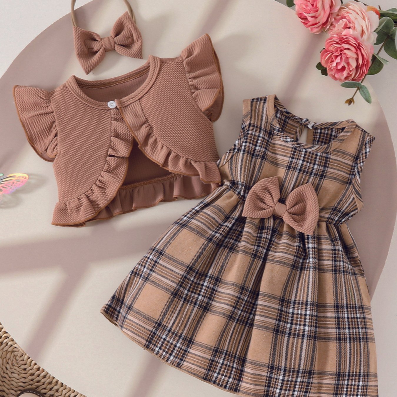 Toddler Girl Plaid Dress Set with Bow Decor and Ruffle Sleeves for Spring Summer Fun