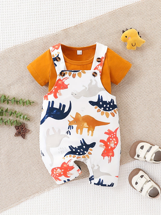 Newborn Baby Boy Clothes Toddler Boys' Short Sleeve T-Shirt+Dinosaur Print Overalls Jumpsuit Short Pants 2pcs Outfits Sets, Perfect for Outdoor