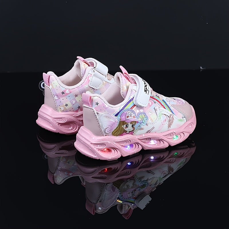 Girls Cute Cartoon Print LED Running Shoes for Toddlers and Youngsters Light Up Sports Shoes