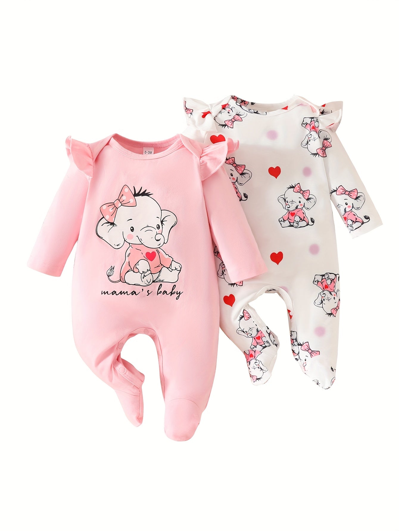 2pcs Newborn Baby Girls Romper Elephant Print Long Sleeve Ruffle Footed Jumpsuit Infant Outfits